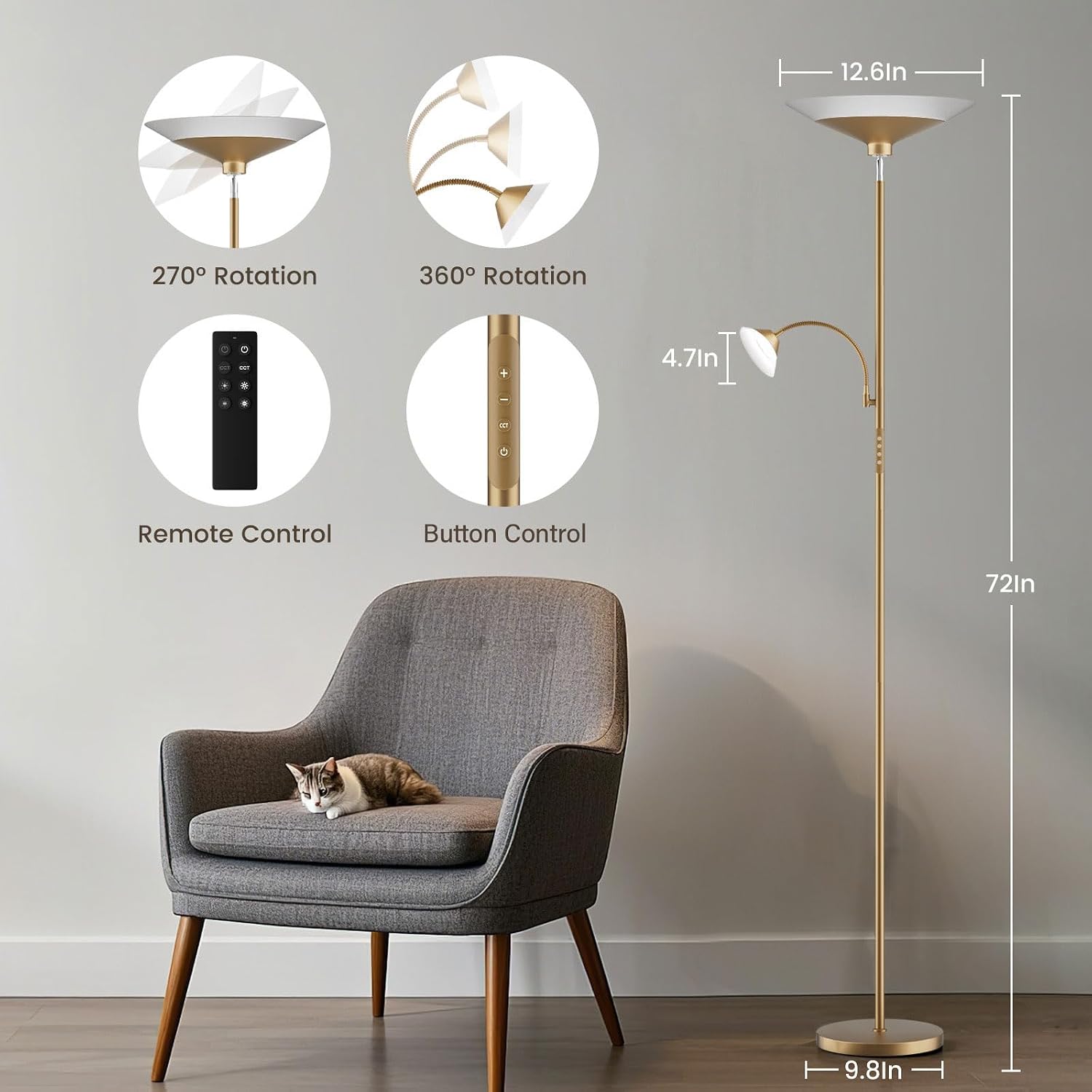 SIBRILLE Gold Torchiere Floor Lamp - 2 Way LED Standing Lamp with Reading Light, Dimmable 72'' Tall Lamp with Remote Color Changing, 34W…
