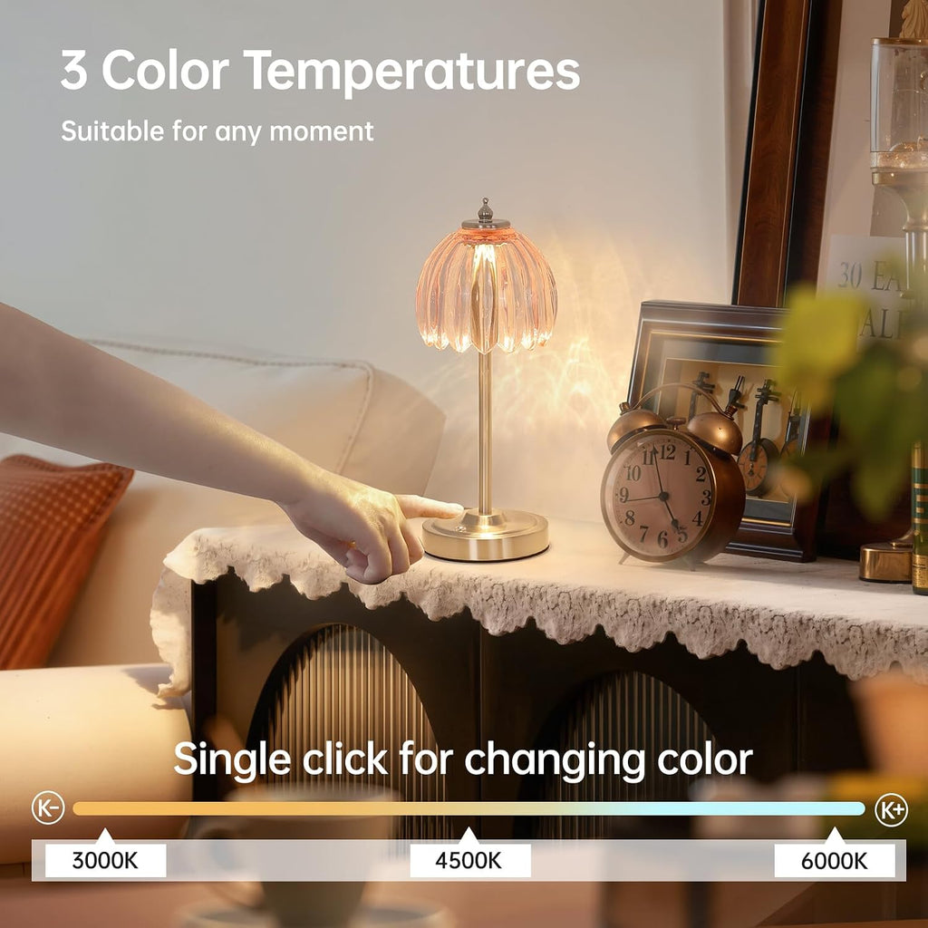 Shenmoyl Tulip Table Lamp with 5200mAh Battery & Touch Control, Cordless Small Table Lamp with 3 Colors, Dimmable Rechargeable Table…