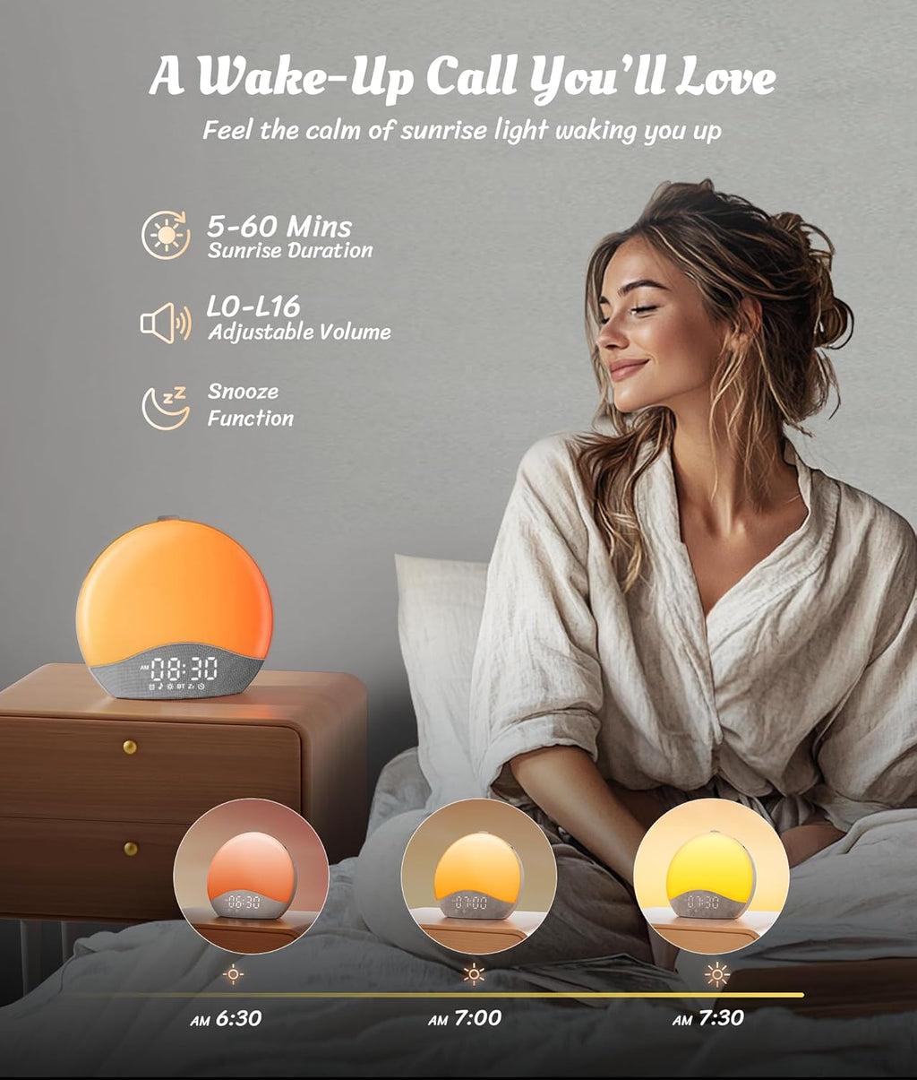 ecozy Sunrise Alarm Clock, White Noise Sound Machine, Alarm Clock for Bedrooms, 26 Soothing Sounds, 17 Night Lights, Bluetooth Speaker…