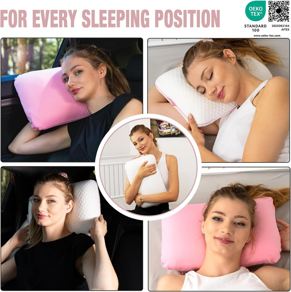 alkamto Travel & Camping Comfortable Memory Foam Pillow – Easy to Carry Portable Bag – Temperature Regulating Pillow Case (Pink + Extra…