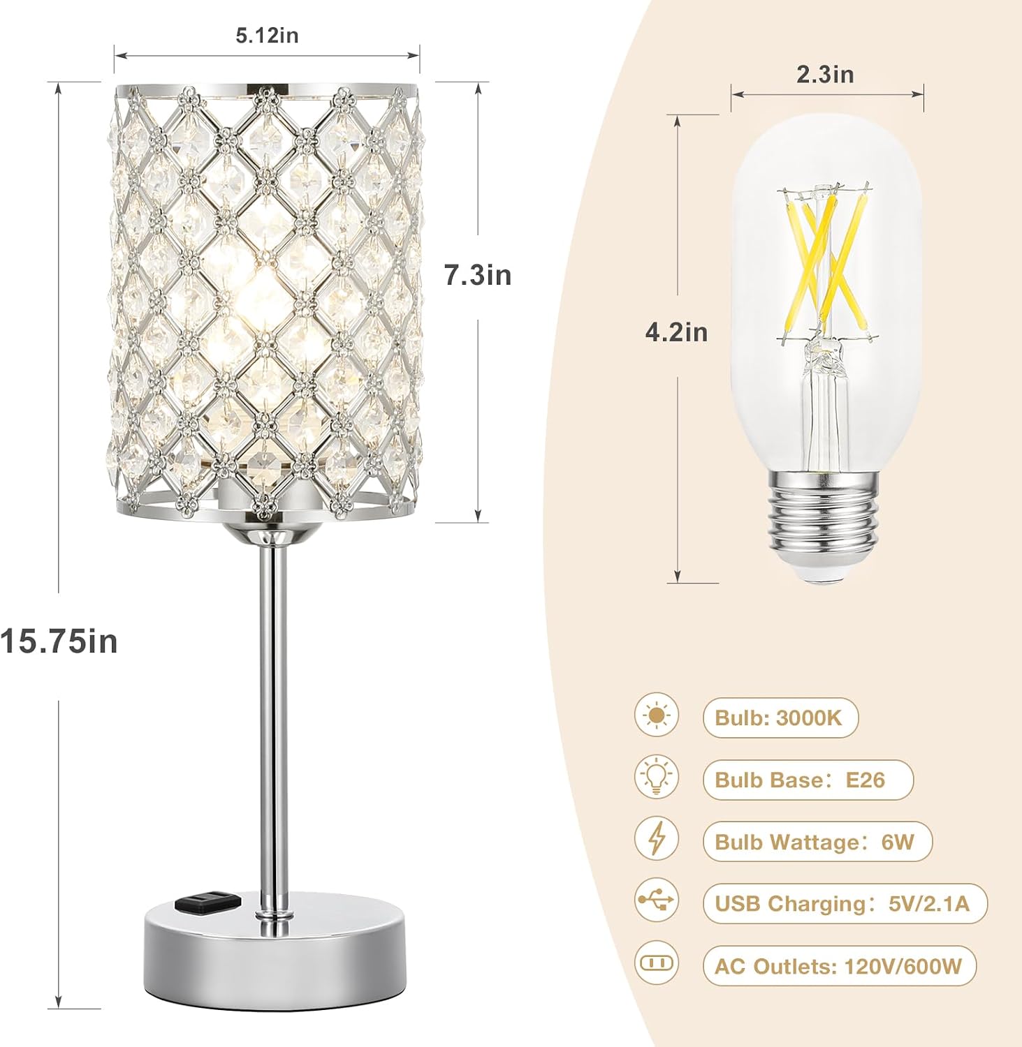 Hong-in Crystal Table Lamp, Crystal Lamp Touch Control with USB-C USB-A Charging Ports & AC Outlets, 3 Way Dimmable Bedside…