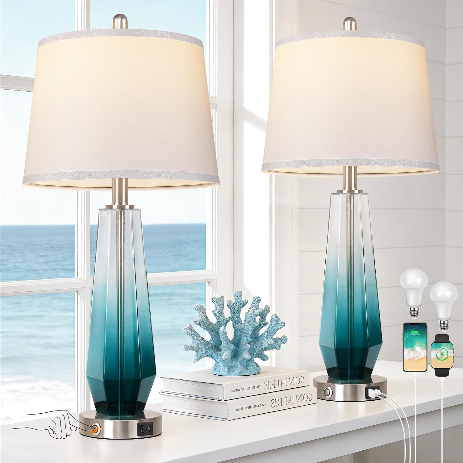 QiMH Glass Table lamps for living room, Modern Bedside Lamps for Bedrooms,27.5" Tall Nightstand Lamps Set of 2 with 3-Way Dimmable Touch…