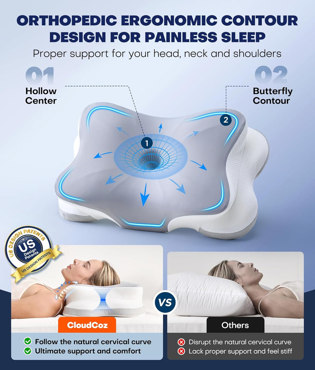 CloudCoz Ultra Cervical Neck Pillow for Sleeping, 5X Support Ergonomic Contour Pillow for Deep Sleep, Cooling Memory Foam Pillows for Adult…