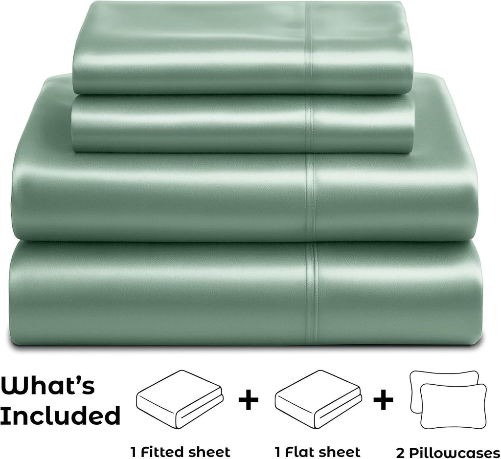 PureBedding Satin Sheets King [4-Piece, Champagne Green] Hotel Luxury Silky Bed Sheets - Extra Soft 1800 Microfiber Sheet Set, Wrinkle, Fad…