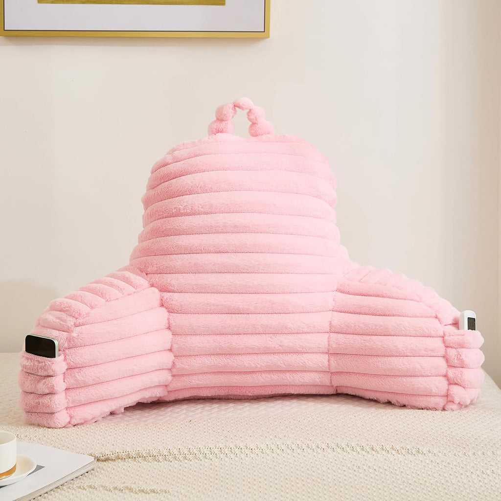 Memfydu Faux Fur Fluffy Pink Reading Pillow with Pockets, Luxury Striped Plush Decorative, Arm Rests and Back Support for Bed Rest, Loungin…
