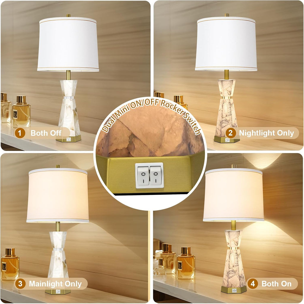 Natural Alabaster Table Lamp, Living Room Lamps Set of 2, Nightstand Lamp with Night Light, Lamps for Living Room With Linen Fabric…