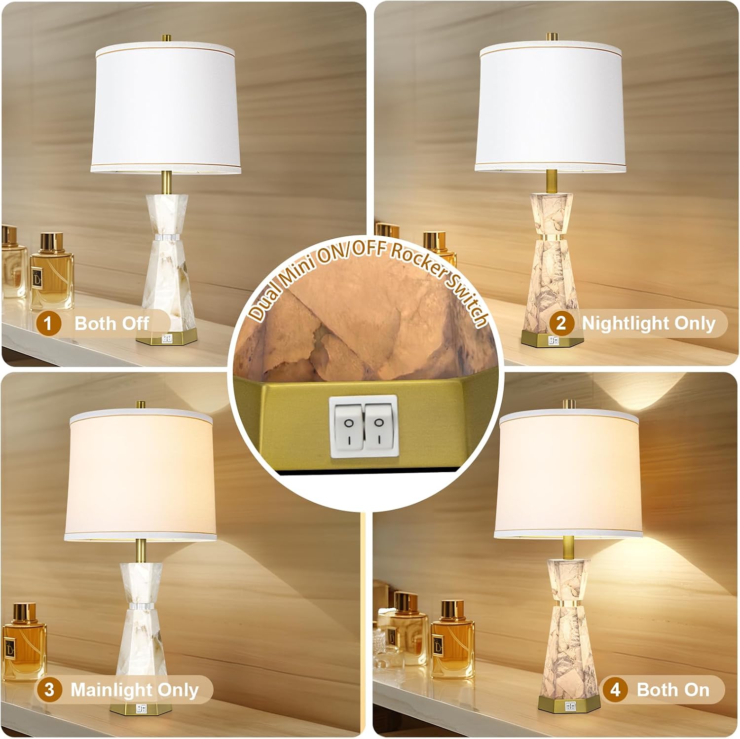 Natural Alabaster Table Lamp, Living Room Lamps Set of 2, Nightstand Lamp with Night Light, Lamps for Living Room With Linen Fabric…