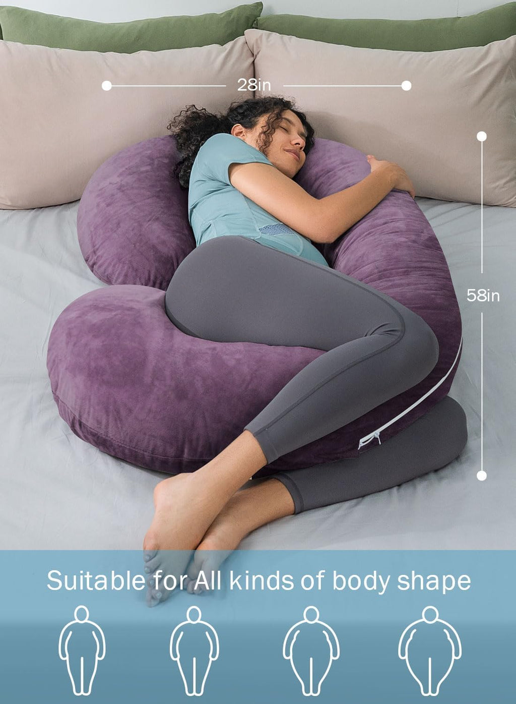 INSEN Pregnancy Pillow, Maternity Body Pillow with Velvet Cover, C Shaped Body Pillow for Sleeping, Purple