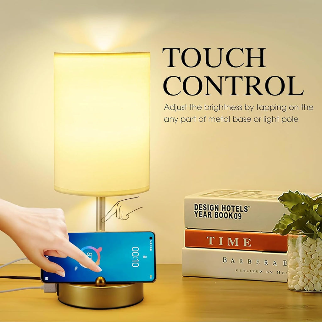 Briever Touch Control Table Lamp for Bedroom, 3-Way Dimmable Nightstand Lamp with USB Charging Ports, Bedside Desk Lamp with Gold Phone…