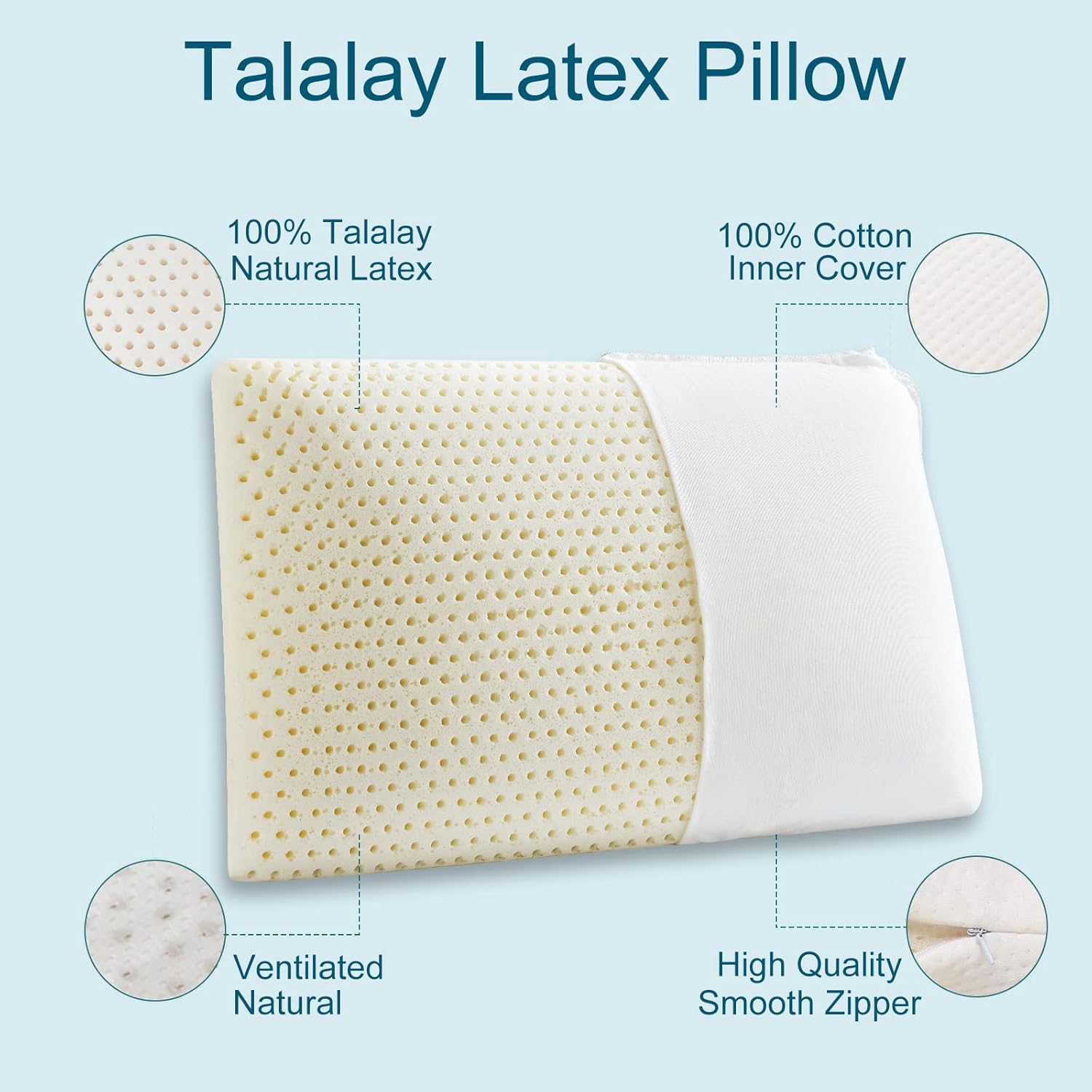 Kiss Dream Talalay Latex Pillow, Medium Firm Support for Neck and Shoulder, Bread Shaped Cooling Bed Pillow with Cotton Cover, Oeko-TEX Ce…