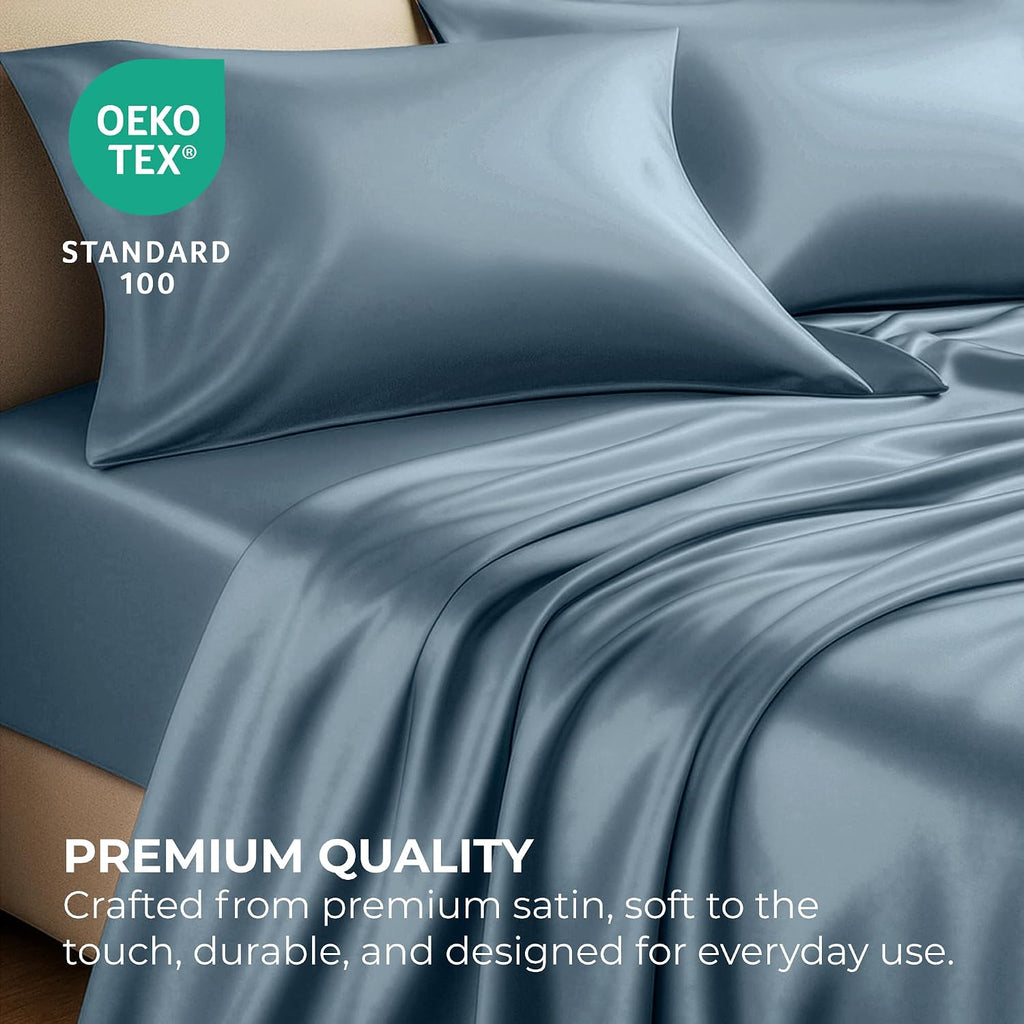 PureBedding Satin Sheets Full [4-Piece, Skyblue] Hotel Luxury Silky Bed Sheets - Extra Soft 1800 Microfiber Sheet Set, Wrinkle, Fade, Stain…