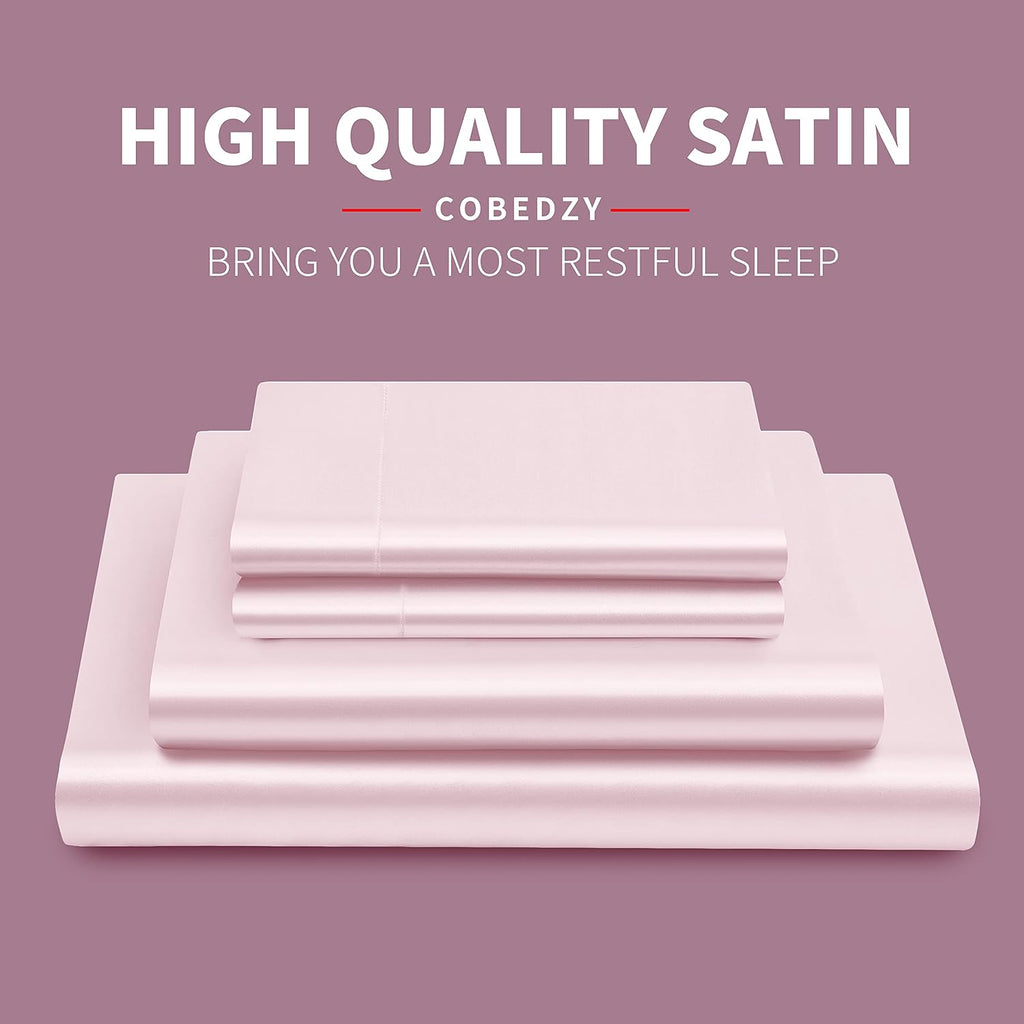 Cobedzy 4 Pcs Blush Pink Satin Sheets Full Size Silky Satin Bedding Sheets Set with 1 Deep Pocket Fitted Sheet, 1 Flat Sheet, 2 Pillowcase…