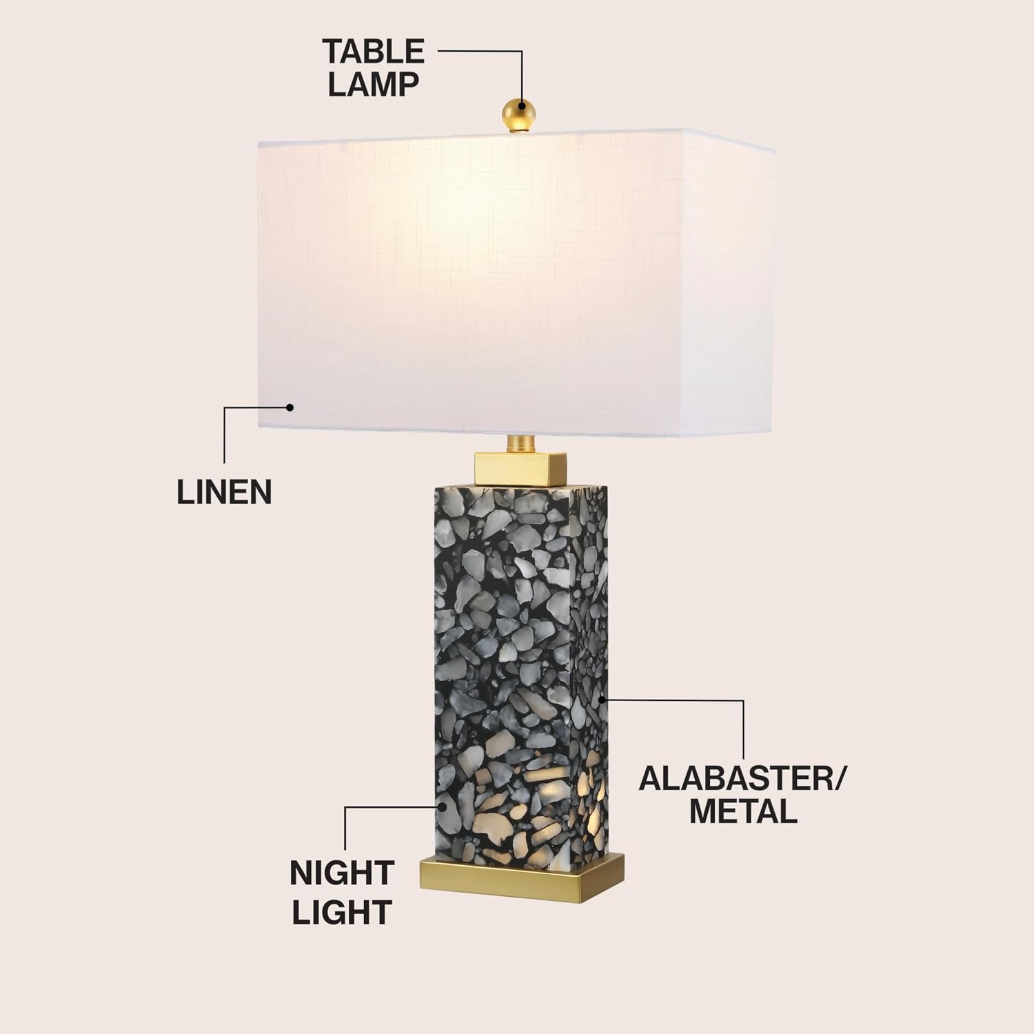 Jonathany JONATHAN Y 27.5" Black Alabaster Gold Rectangular Table Lamp with Night Light Contemporary Coastal Bedside Lamp for Bedroom with…