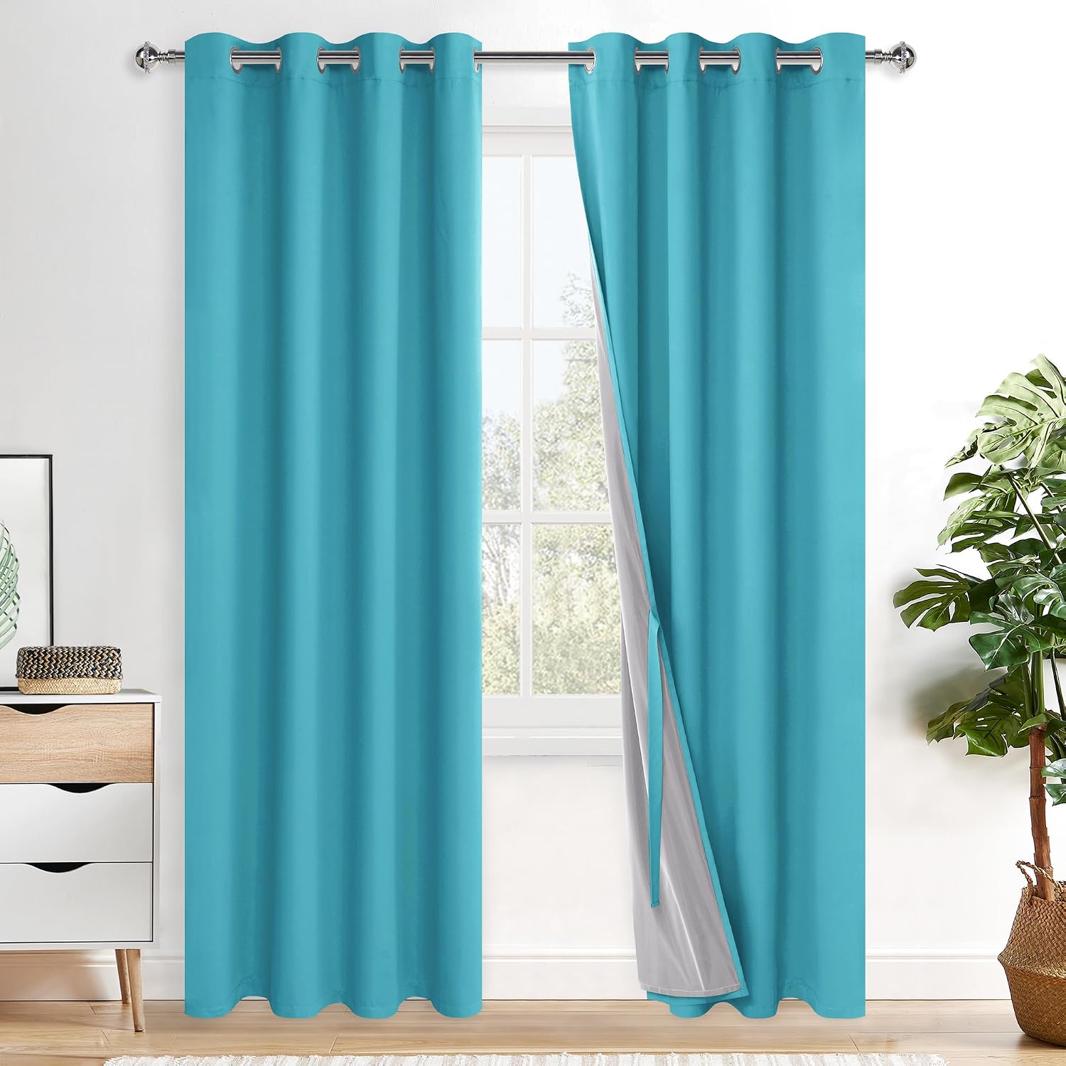 Xwzo Complete Blackout Shades Window Curtain Panels with Tiebacks - Noise Reduction and Full Light Blocking Grommet Curtains with Black Lin…