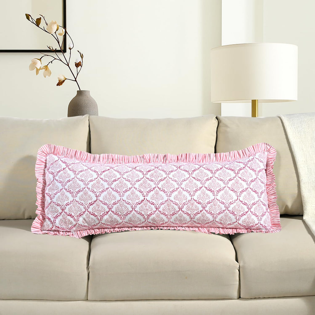 Cottonprintclub CPC Hand Block Print Blush Rose Ruffle Sham Pillow Cover 36" x 14" inch Hidden Zipper Decorative Pillowcase for Couch, Bed,…