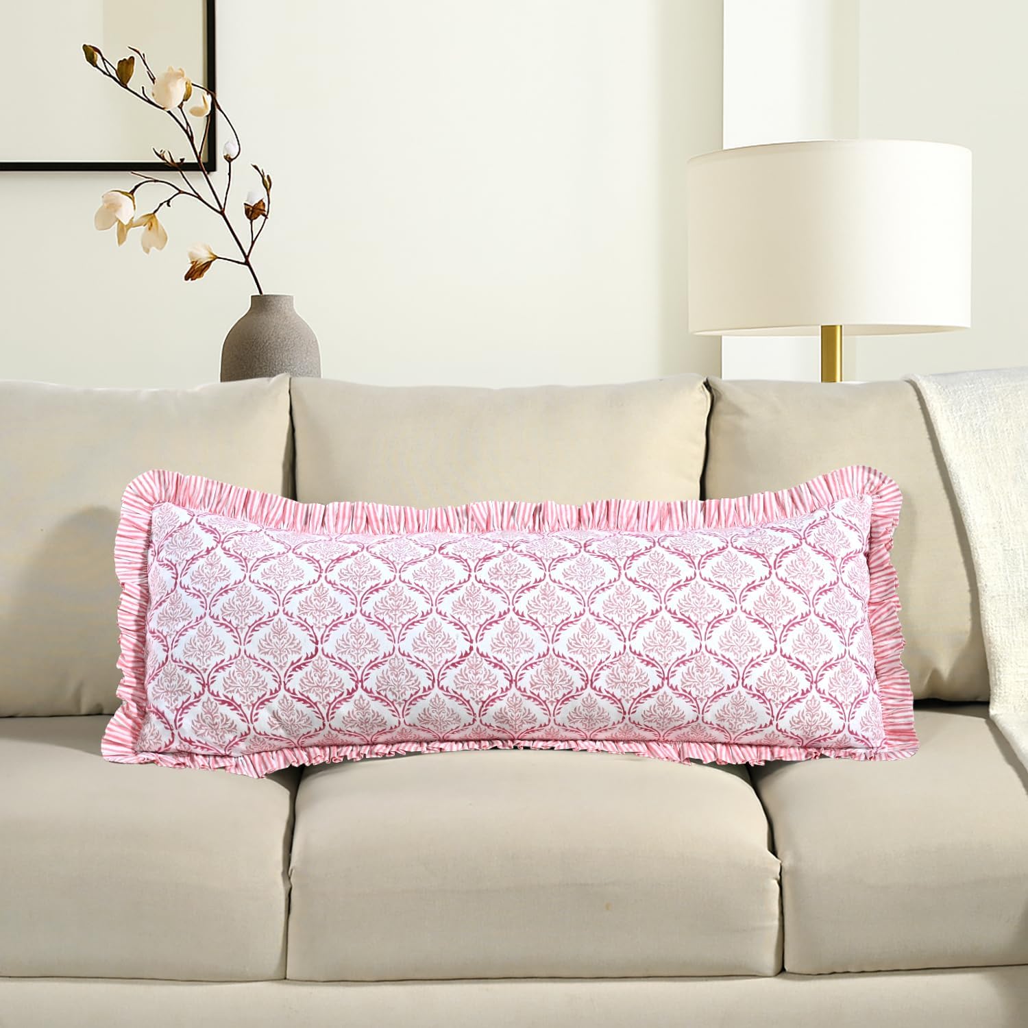 Cottonprintclub CPC Hand Block Print Blush Rose Ruffle Sham Pillow Cover 36" x 14" inch Hidden Zipper Decorative Pillowcase for Couch, Bed,…