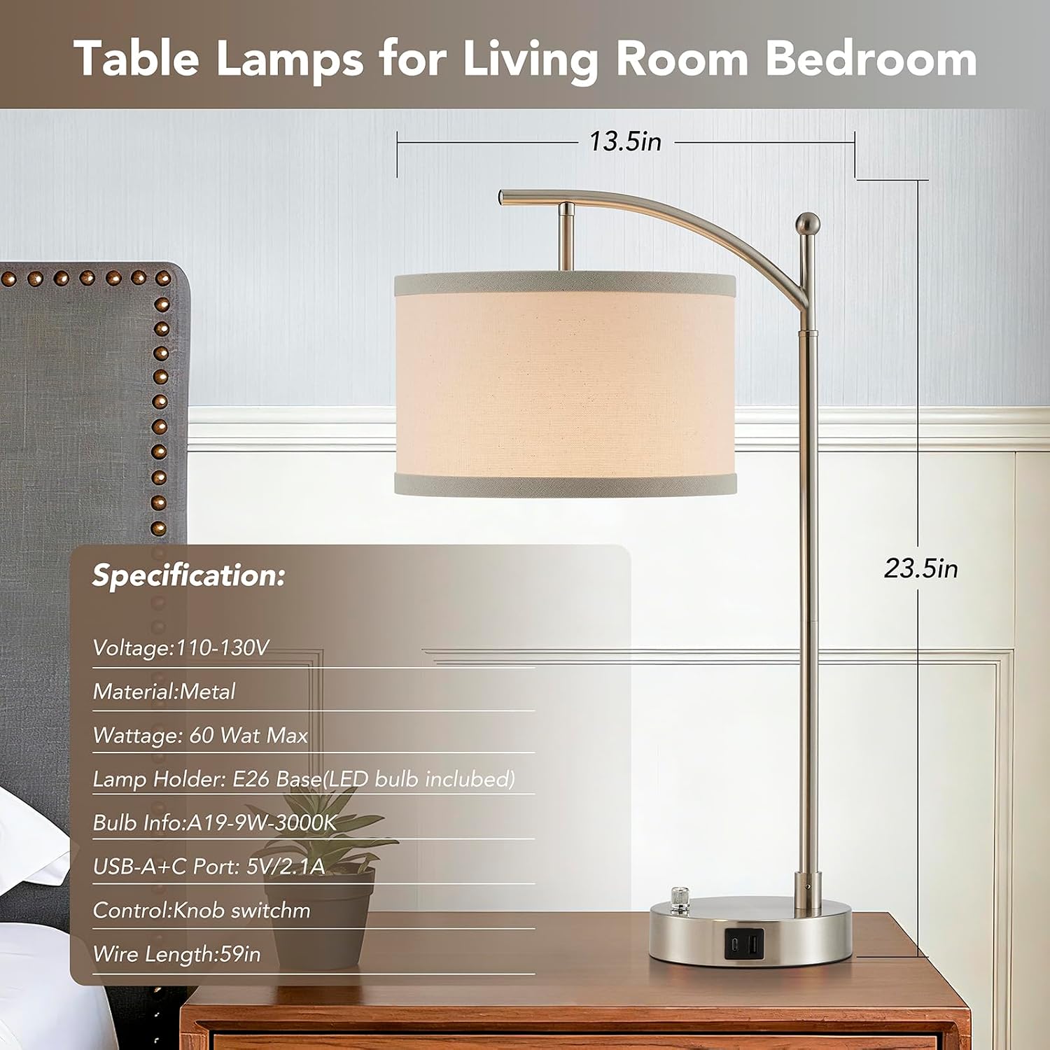 Table Lamp for Living Room Bedroom, 23.5" Table Lamps Set of 2 with USB C+A Ports, Bedside Lamps for Nightstand with Linen Lamp Shades, 2…