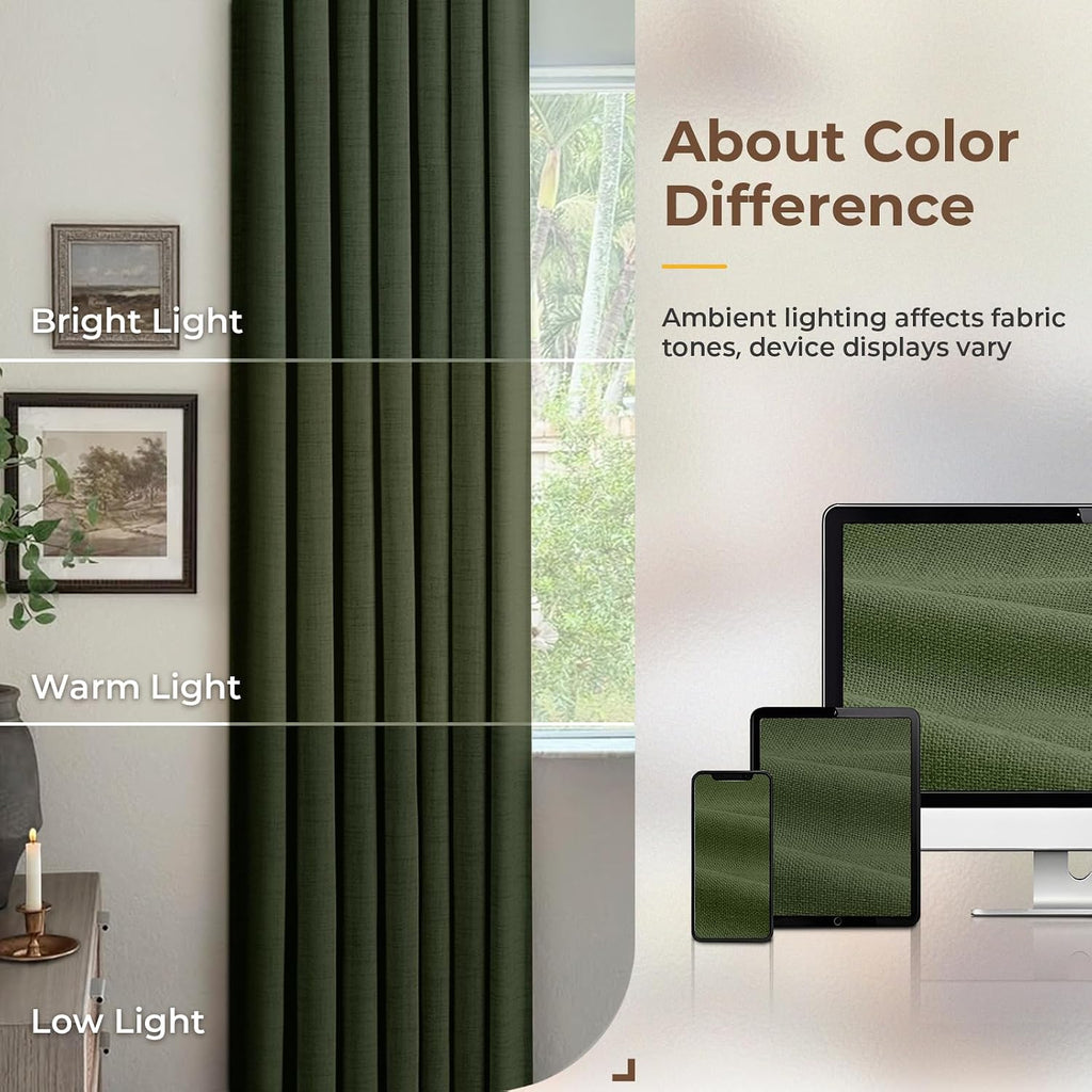 INOVADAY 100% Blackout Curtains for Bedroom, Black Out Curtains 96 Inch Long, Clip Rings Linen Blackout Drapes, Thermal Insulated Room…