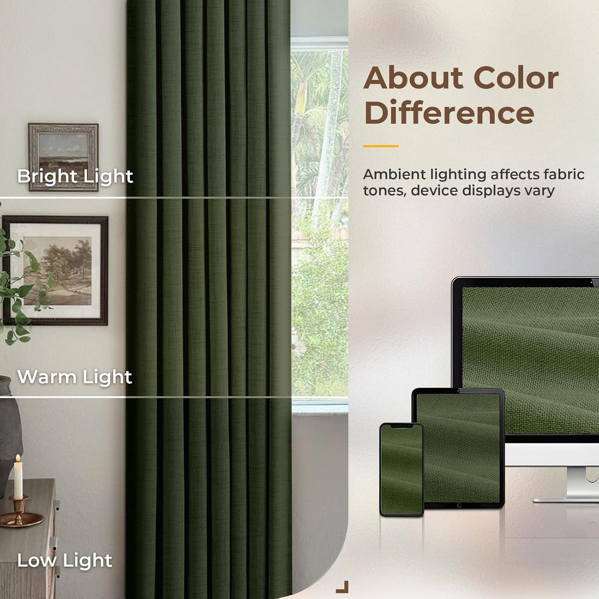 INOVADAY Olive Green Blackout Curtains for Bedroom, Black Out Curtains 84 Inch Long, Clip Rings Linen Blackout Drapes, Thermal Insulated…