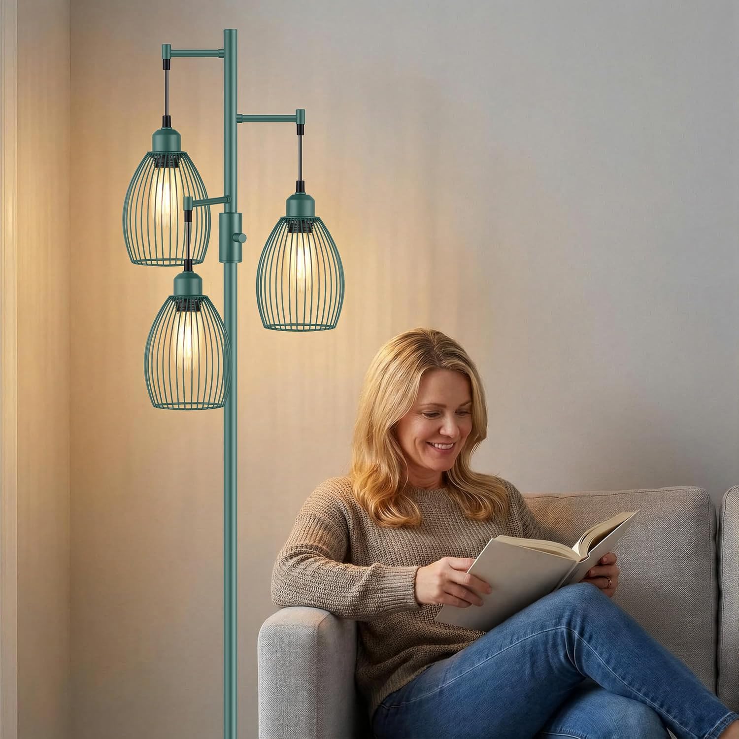 Dimmable Floor Lamp, Industrial Floor Lamps for Living Room, Green Tree Lamp Standing Lamp Tall Lamps with 3 Elegant Teardrop Cage Head &…