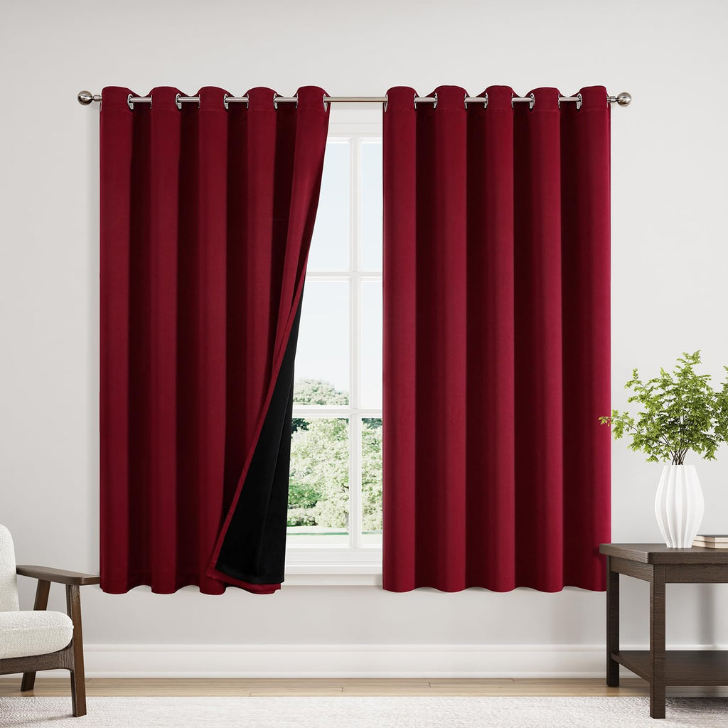 ChrisDowa 100% Blackout Curtains 63 inch Long for Bedroom with Black Liner, Extra Wide 2 Thick Layers Total Blackout Thermal Insulated Grom…