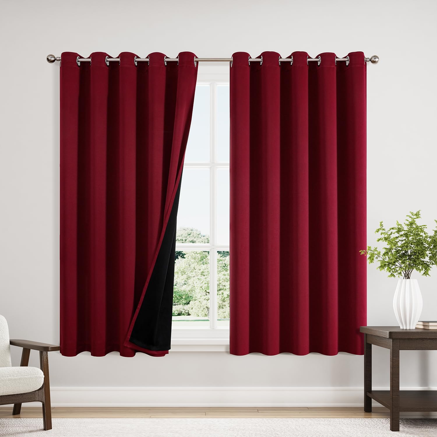 ChrisDowa 100% Blackout Curtains 63 inch Long for Bedroom with Black Liner, Extra Wide 2 Thick Layers Total Blackout Thermal Insulated Grom…