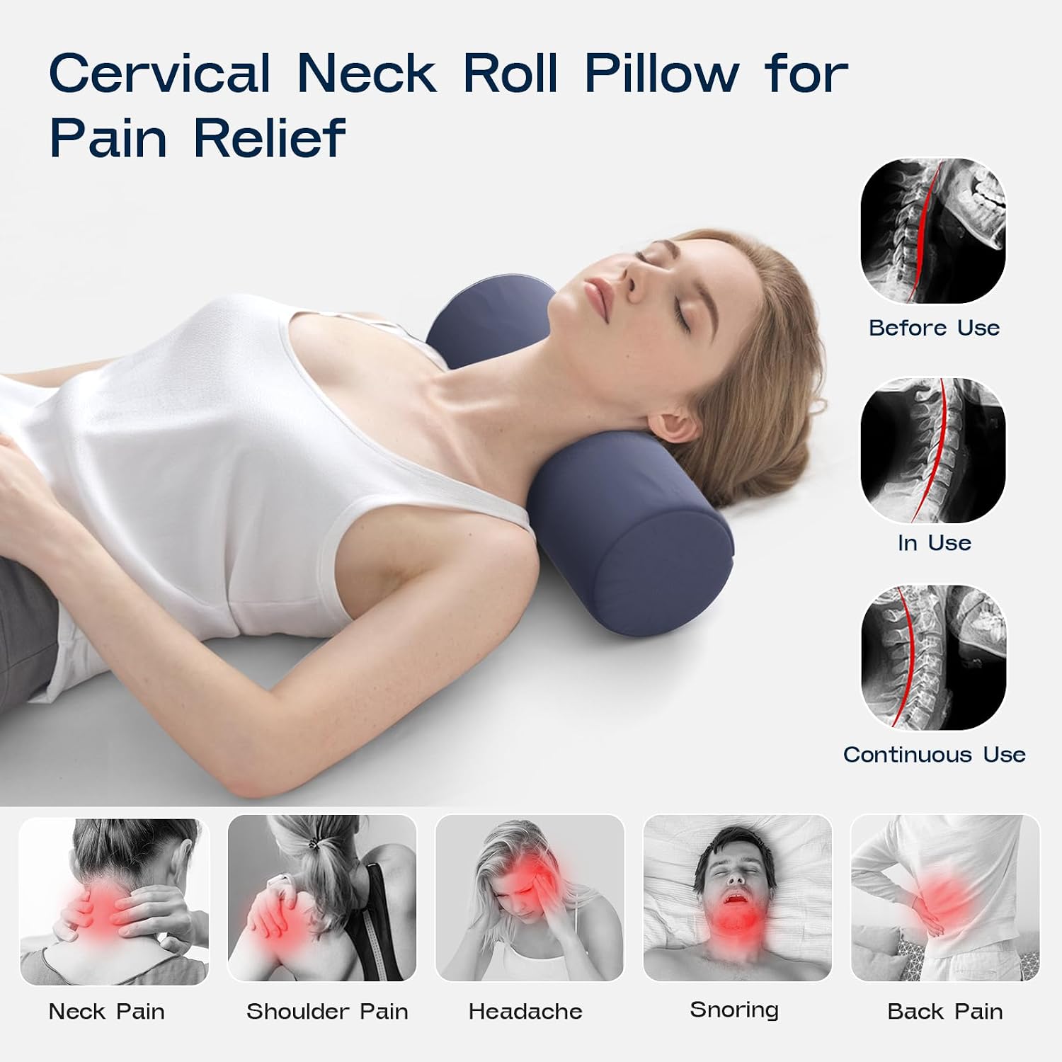 Forcanby Neck Roll Pillow for Neck - Memory Foam Neck Support Pillow for Bed | Round Neck Pillow for Sleeping, 15.7 * 6 * 6inch ((Navy-Blue…