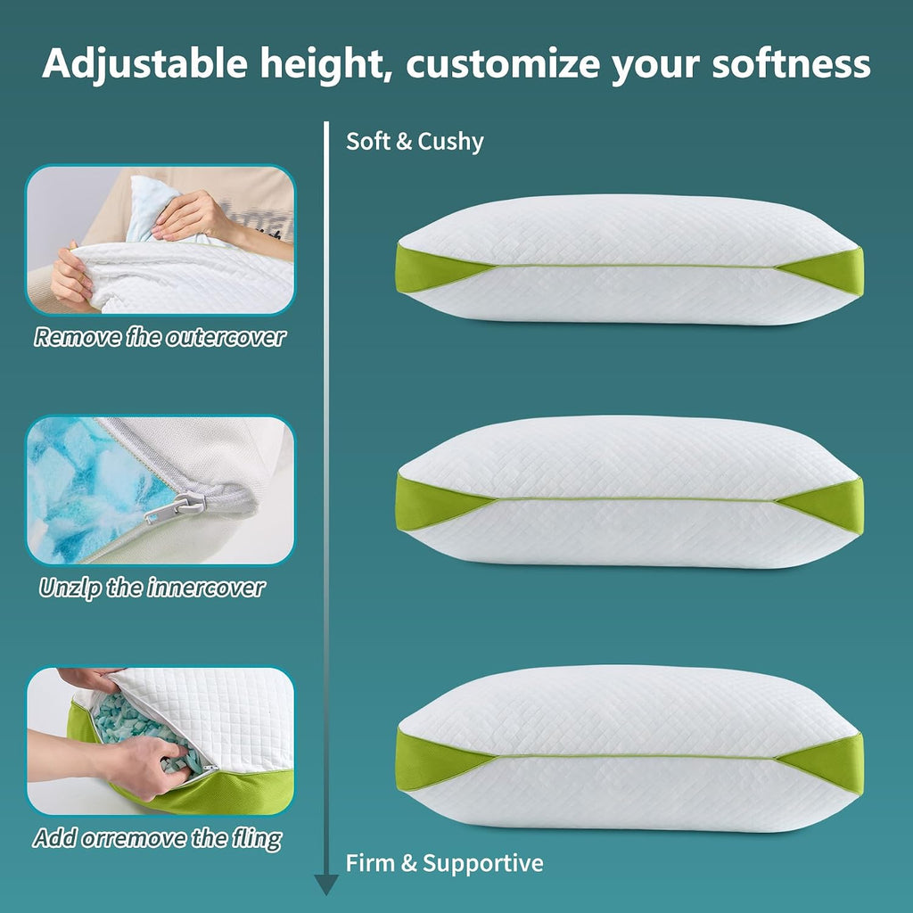 Luxury Hotel Cooling Pillow for Sleeping, Medium Firm Shredded Memory Foam Pillows King Size Set of 2, with Zipper Adjustable Supportive