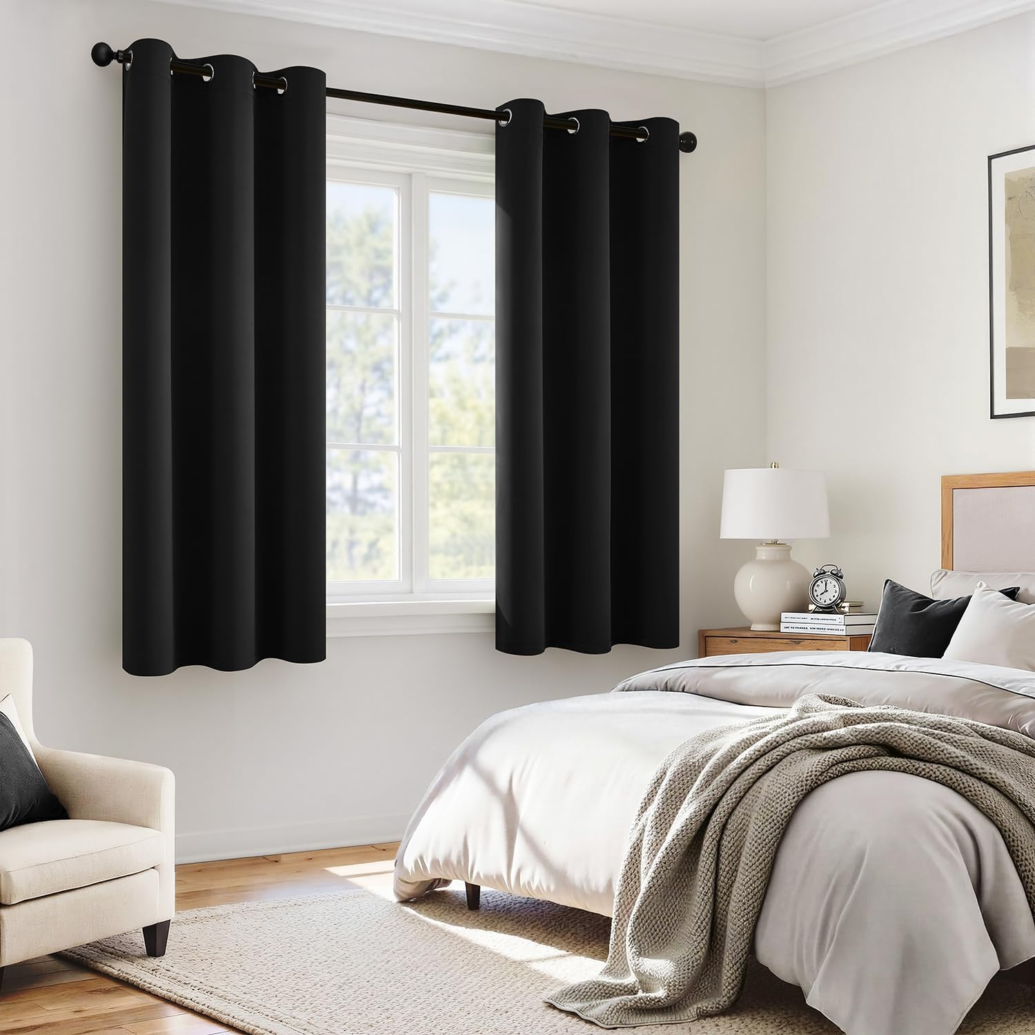 Miulee Black 100% Blackout Curtains for Bedroom 63 Inch Long, 2 Thick Layers Thermal Insulated Full Blackout Window Curtains with Black Lin…