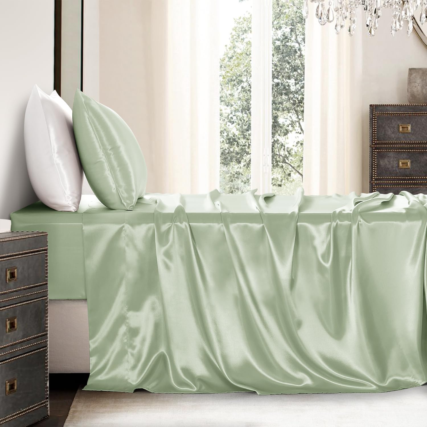 Golal Satin Sheets Twin Size - 3 Pieces Luxury Silky Soft Bed Sheets, Wrinkle-Free Sage Green Satin Silk Sheet Set with 1 Deep Pocket Fitte…