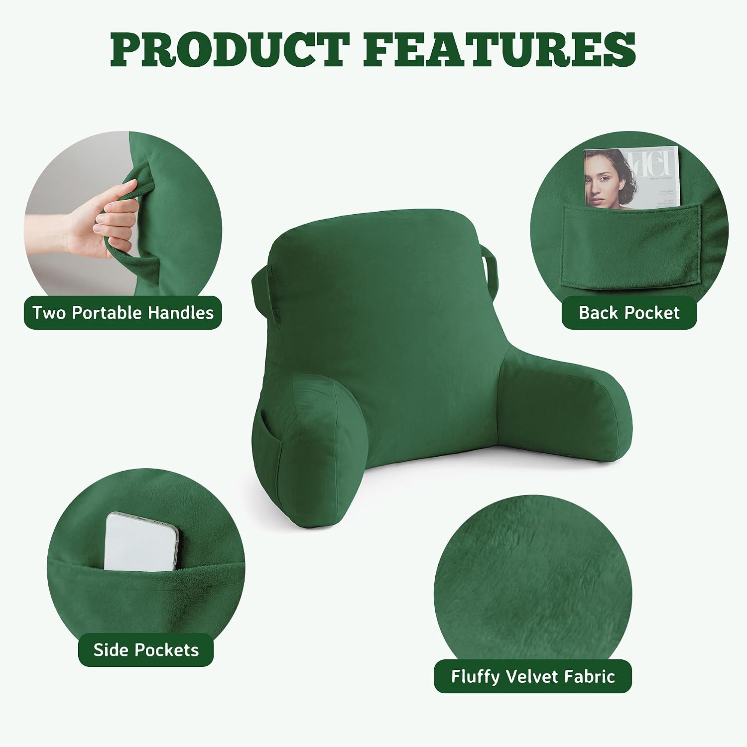 Unisakey Portable Comfy Reading Pillows for Bed Sitting Up(Green Oeko-Tex), Velvet Back Pillow with Arms & Pockets for Adults, Support…