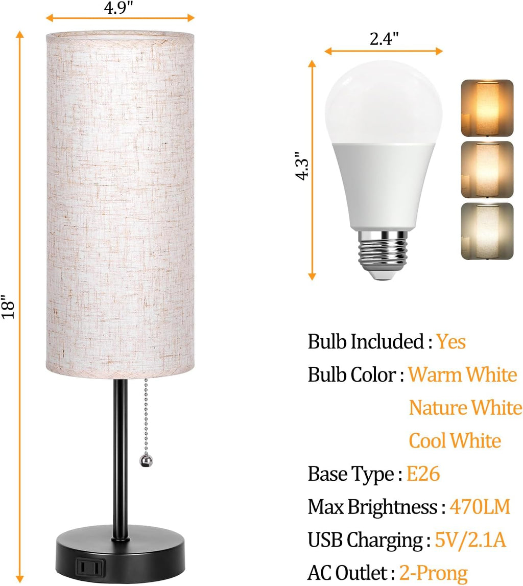 Dott Arts 18" Table Lamp for Bedroom, 3-Color Bedside Lamps with Pull Chain, Bedroom Table Lamps for Nightstand, AC Outlet Small Lamp for…