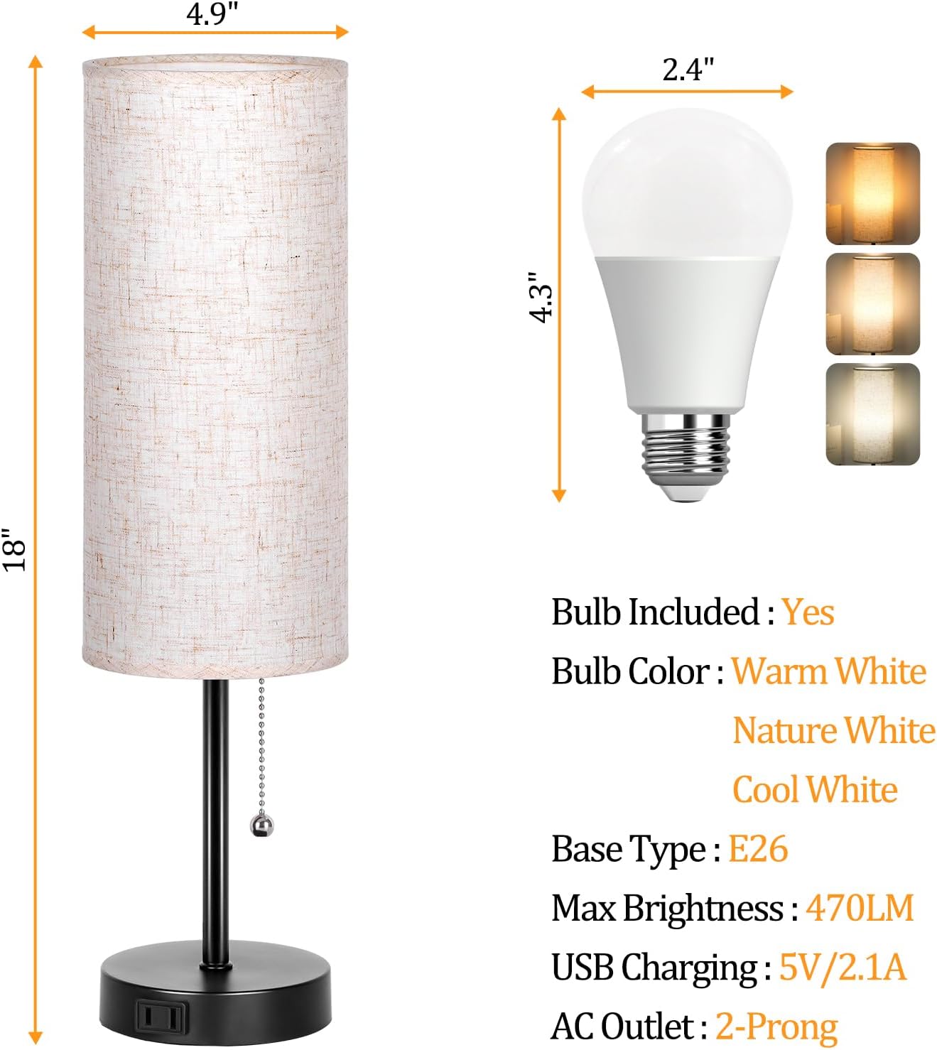 Dott Arts 18" Table Lamp for Bedroom, 3-Color Bedside Lamps with Pull Chain, Bedroom Table Lamps for Nightstand, AC Outlet Small Lamp for…