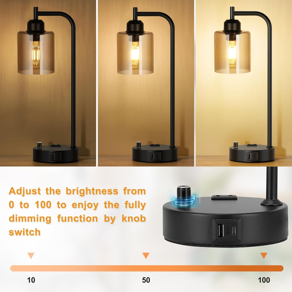 Industrial Bedside Lamps for Nightstand Set of 2 - Fully Dimmable Bedroom Lamps with USB A C Ports and Outlet, Black Table Lamps with…