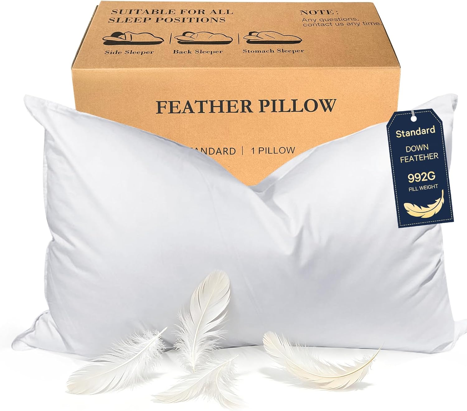 BHZ Goose Down Feather Standard/Queen Pillow, Luxury Hotel Collection Bed Pillow for Sleeping, Firm Soft Support for Side & Back Sleepers…