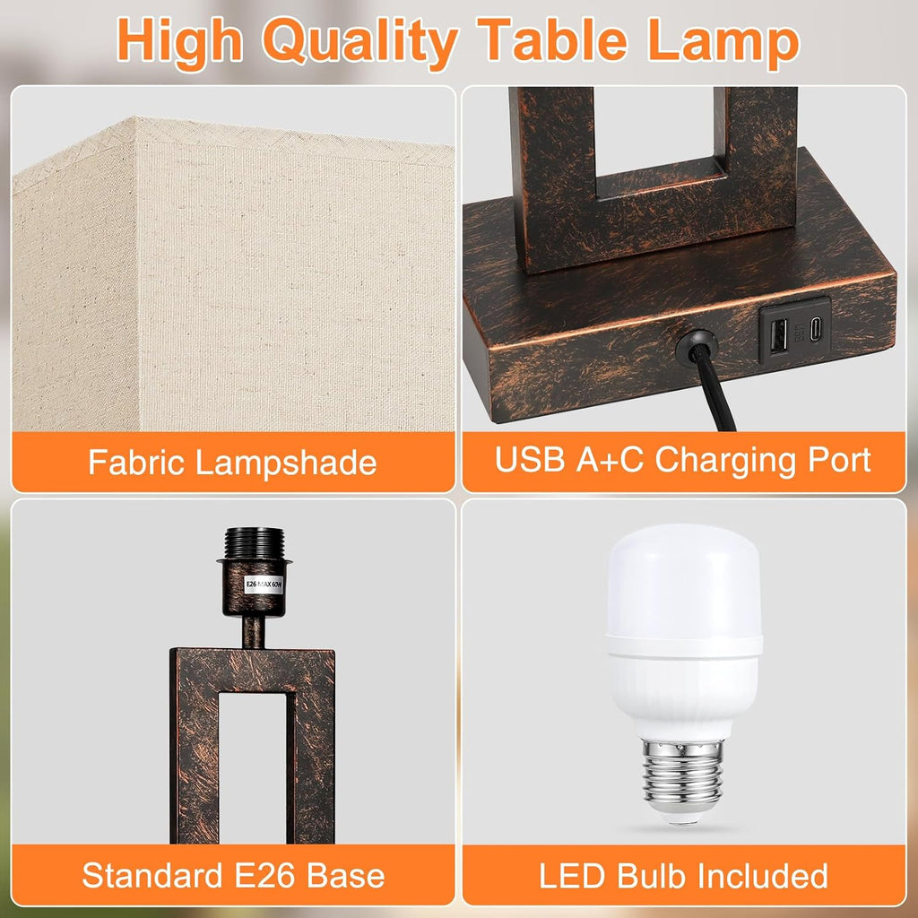 Seealle 22" Tall Living Room Lamps for Night Stands - Touch Bedside Lamp with USB C+A, 3 Way Dimmable Bedroom Lamps for End Tables Set of…