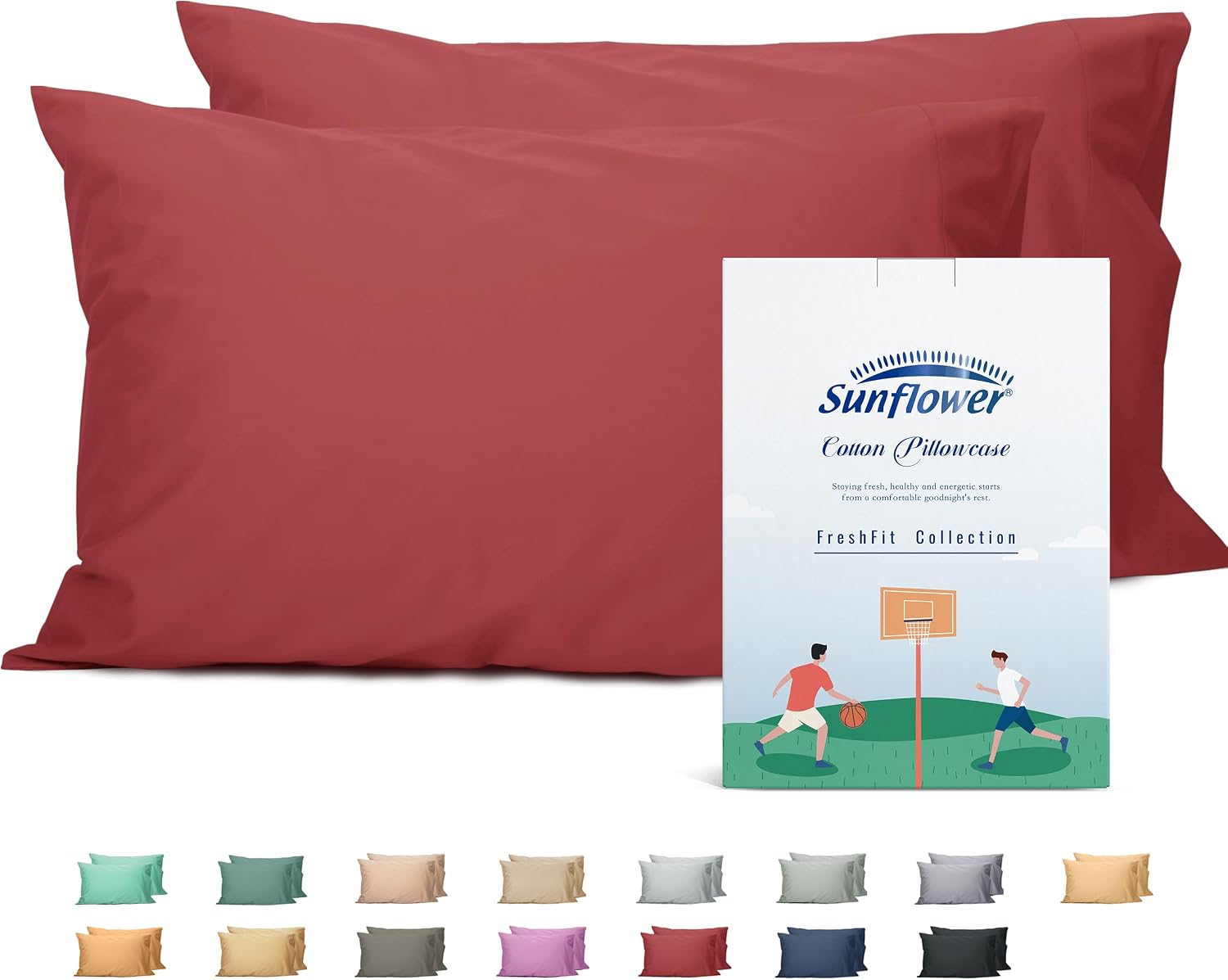 Sunflower Queen Pillowcases Set of 2, 100% Cotton Queen Size Pillow Cases 2, 20×30 inches Jester Red, Soft and Breathable