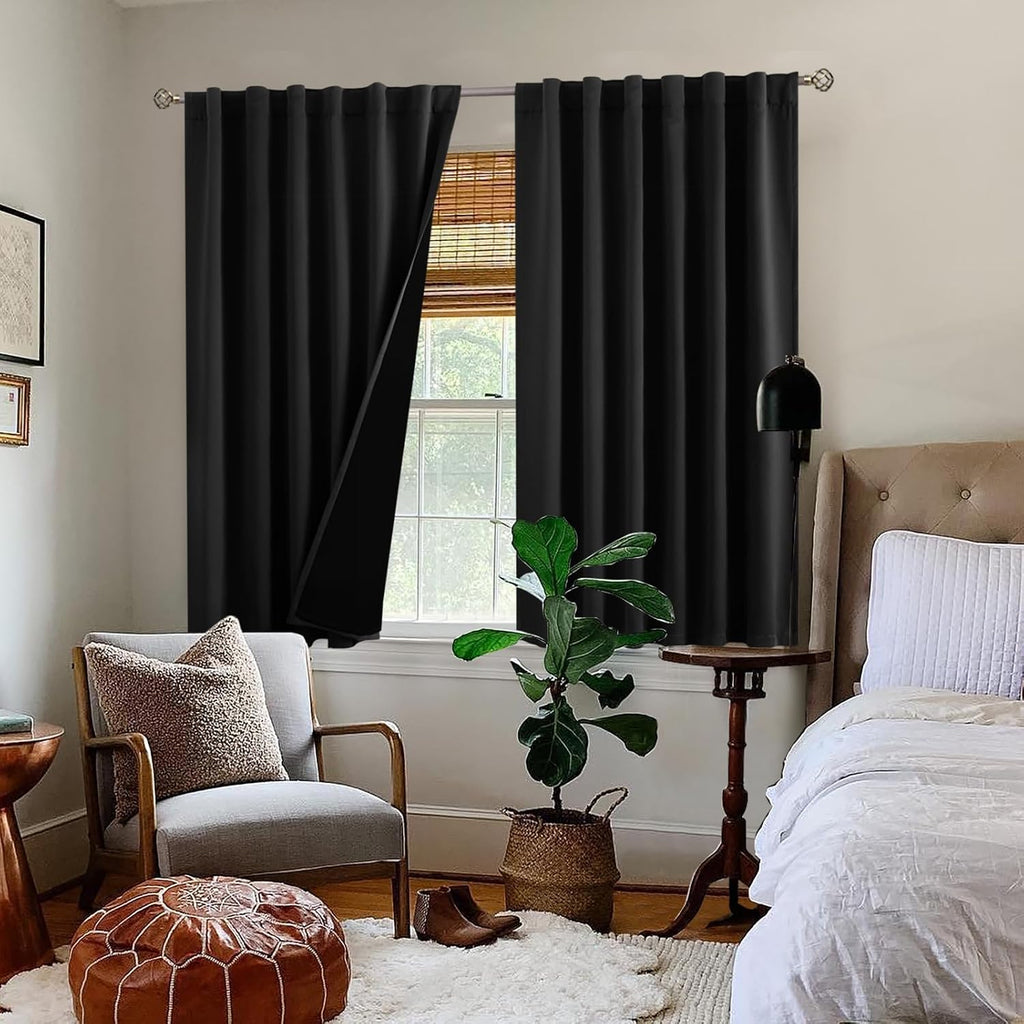 BGment Short Black Full Blackout Curtains with Liner Thermal Curtains 45 Inch Long, Rod Pocket and Back Tab Double Layer Black Out…