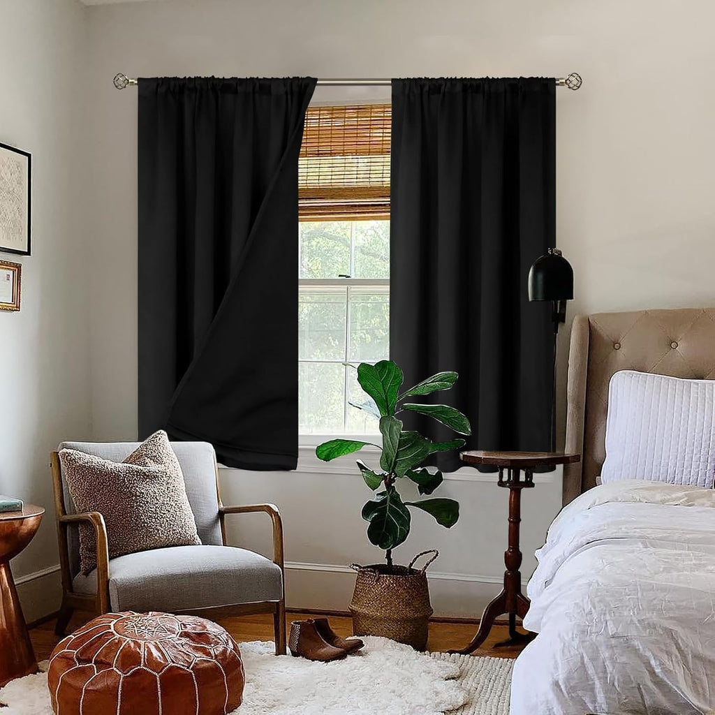 BGment Black Blackout Curtains for Bedroom 45 Inch Length, Rod Pocket 100% Blackout Curtains with Thermal Liner Light Blocking Curtains…