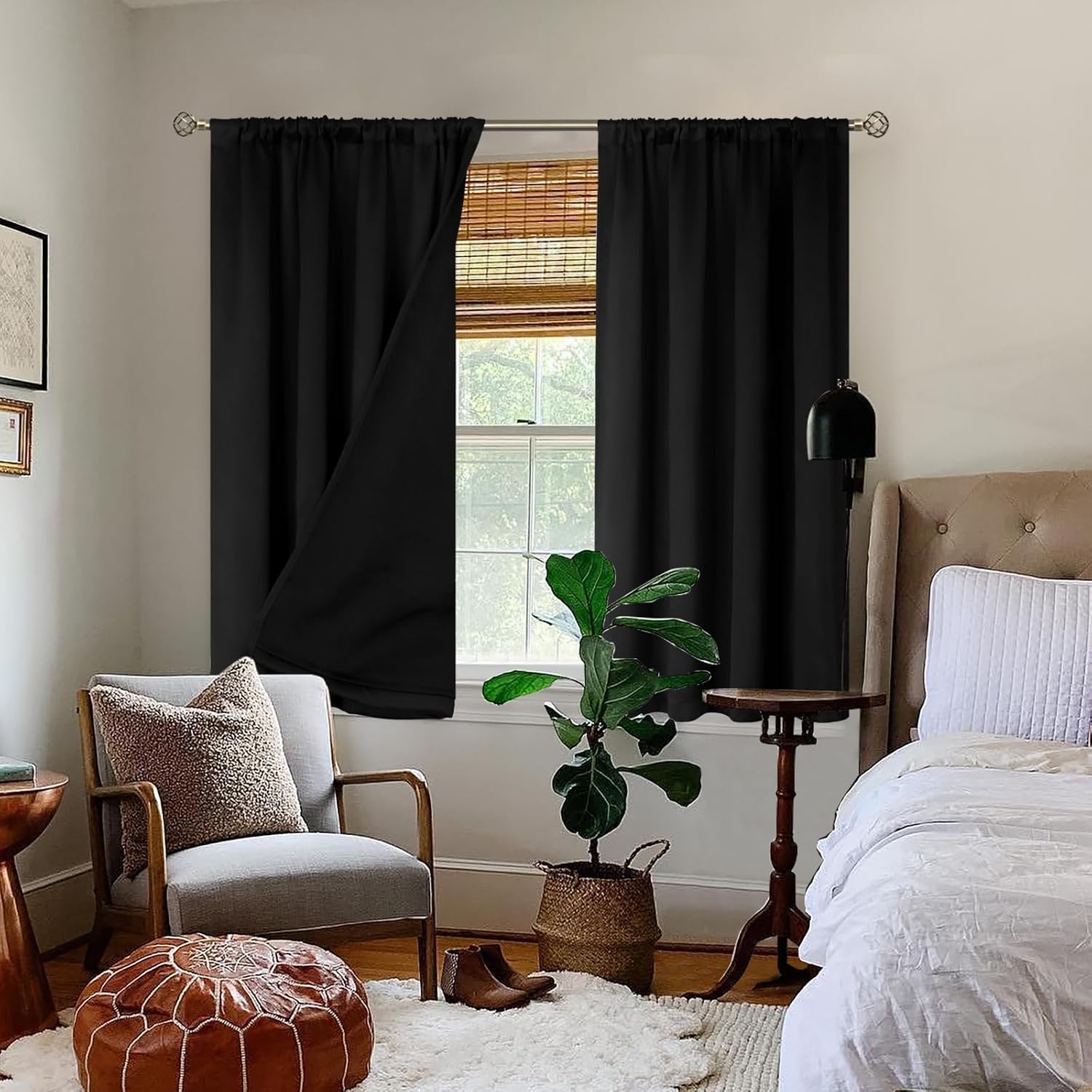 BGment Black Blackout Curtains for Bedroom 45 Inch Length, Rod Pocket 100% Blackout Curtains with Thermal Liner Light Blocking Curtains…