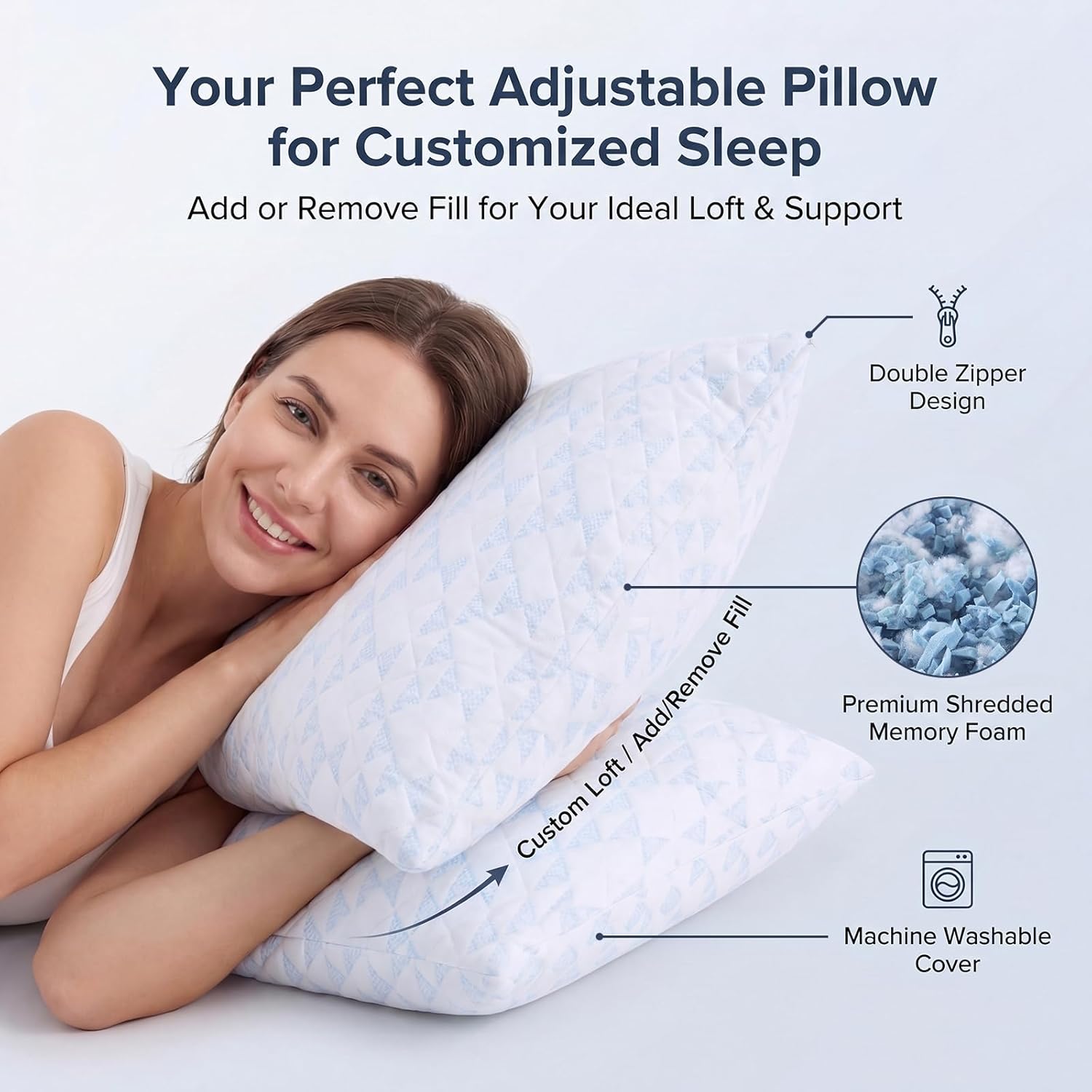 Meoflaw Adjustable Memory Foam Bed Pillows:King Size Shredded Foam Pillow Set of 2 for Sleeping with Removable & Washable Pillowcase for Ba…