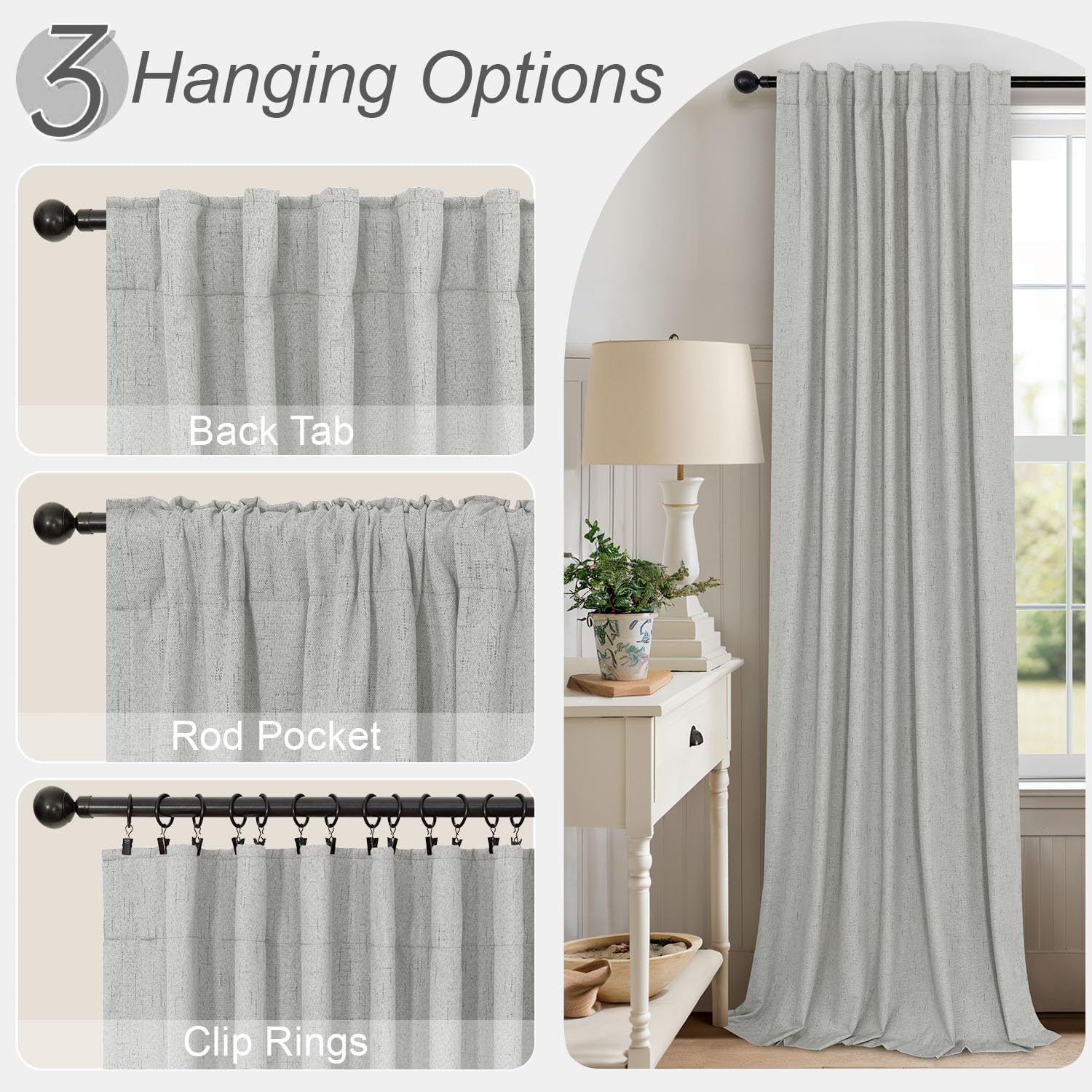 Pitalk 63 Inch Length Curtains for Living Room Black Out 2 Panel Faux Linen Rustic Country Farmhouse Style Room Darkening Light Gray Blacko…