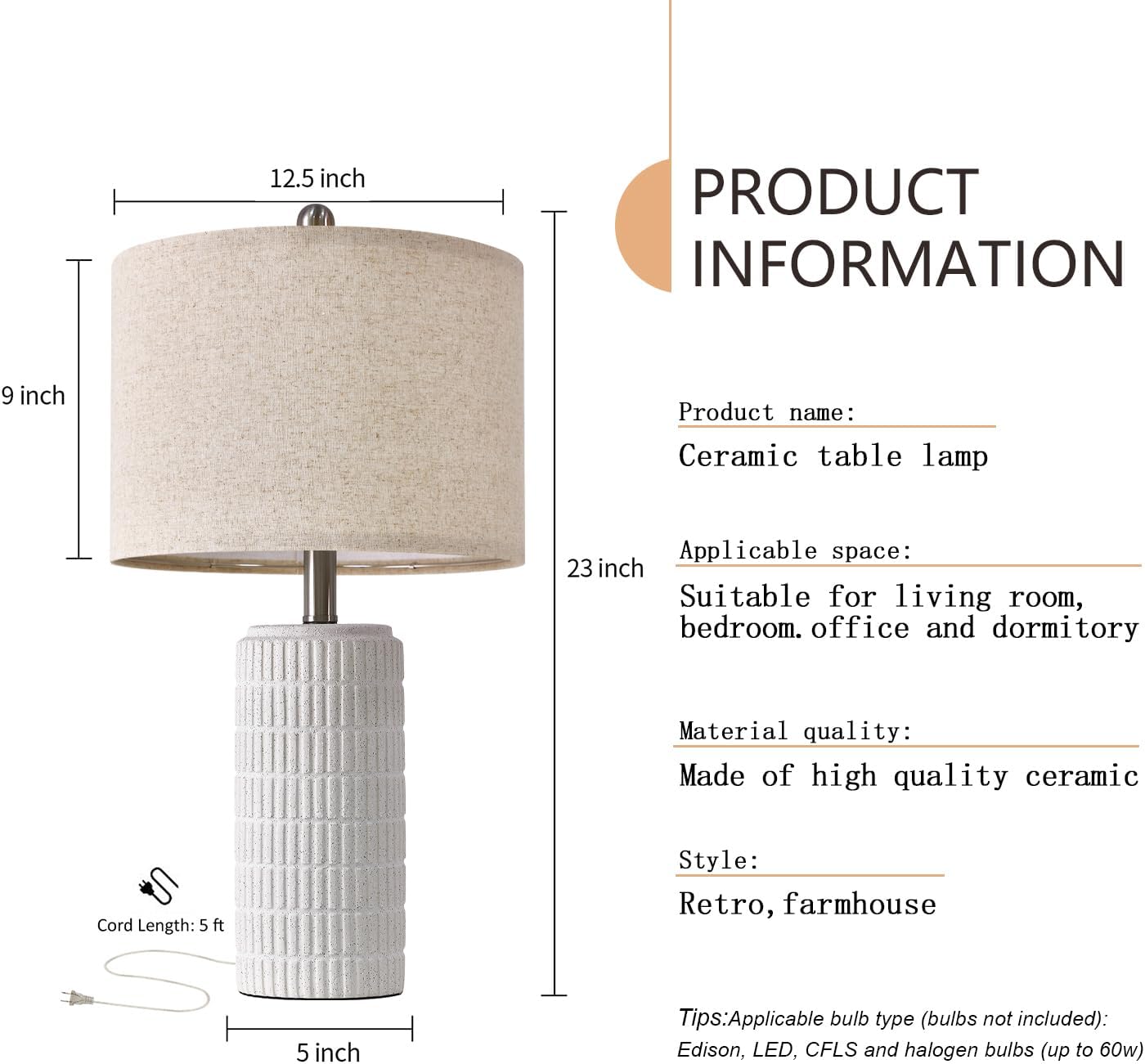 PoKat 23" Table Lamp, Farmhouse Bedside Lamps for Bedroom Set of 2, Ceramic End Table Lamps for Living Room, Traditional Nightstand Desk…