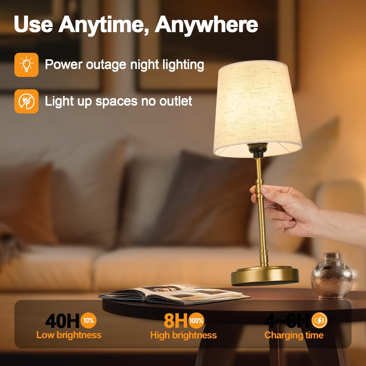 Cordless Table Lamps Set of 2 – Battery Operated Lamp with 7500mAh Rechargeable Battery, Stepless Dimmable Brushed Gold Lamps with Beige…