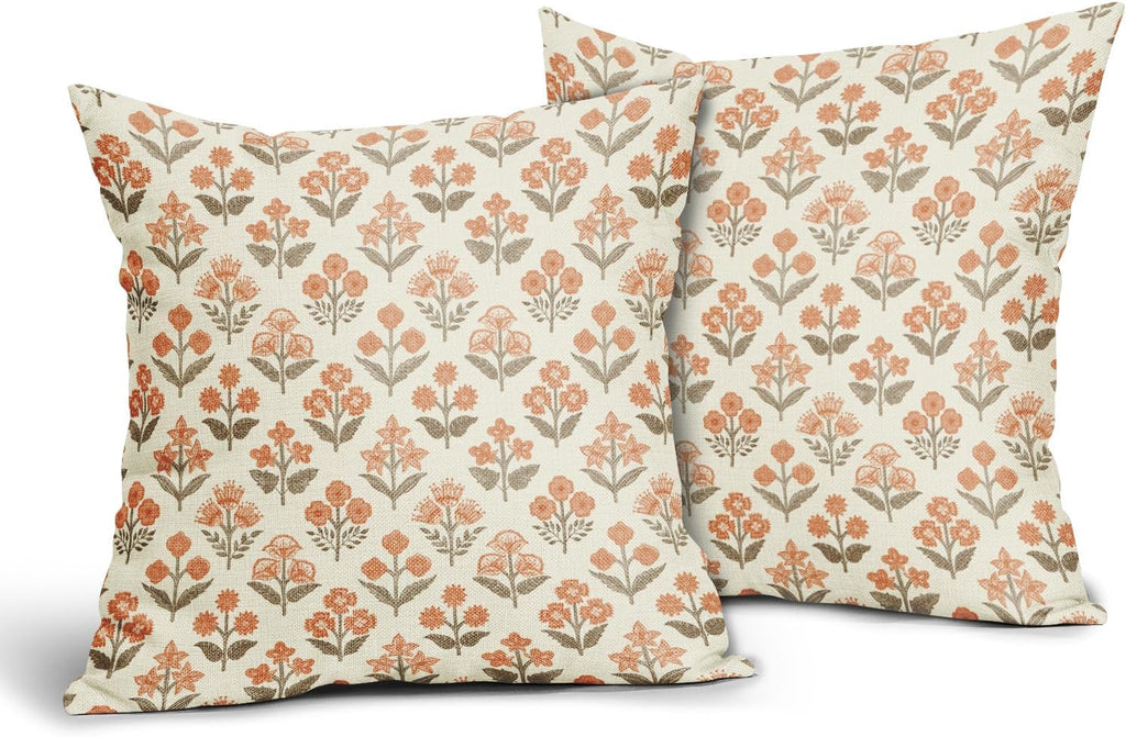 Brown Orange Floral Block Print Pillow Covers 16x16 Inch Set of 2, Vintage Flower Pattern Decorative Throw Pillowcases Outdoor Farmhouse…