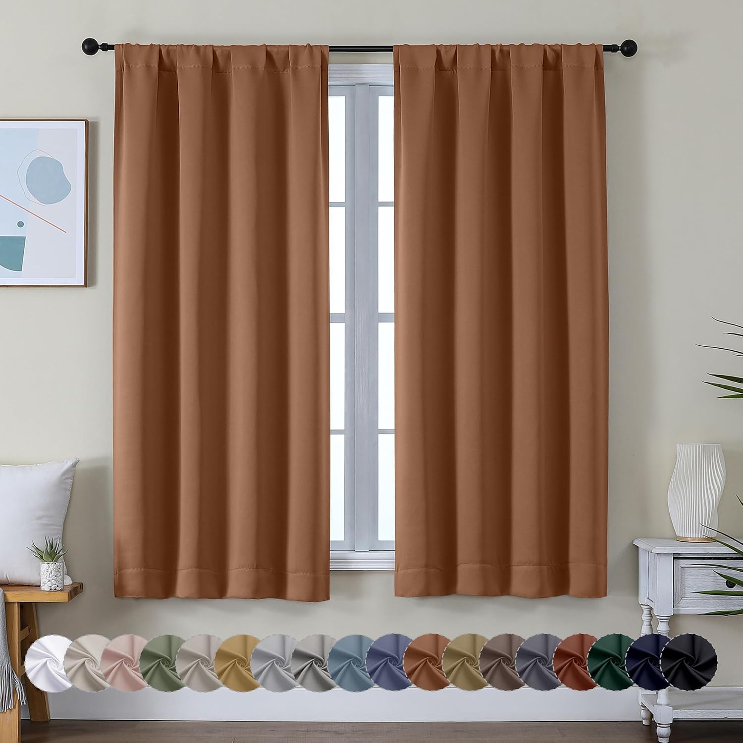 Simplebrand Ava Sun Baked Blackout Curtains for Bedroom 63 Inch Length 2 Panels, Solid Thermal Insulated Energy Saving Rod Pocket Window Tr…