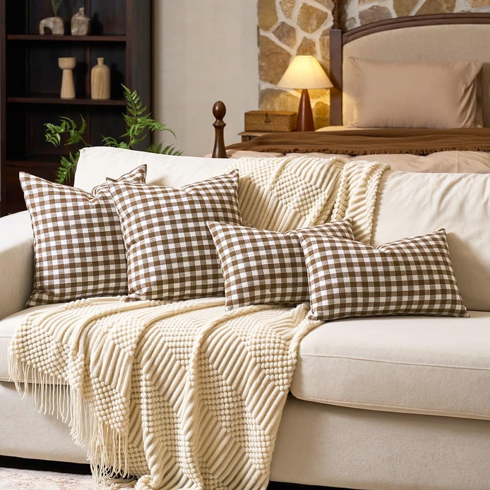 CARRIE HOME Outdoor Khaki and White Buffalo Plaid Pillow Covers 20x20 Set of 2, Khaki White Gingham Check Pillows Decorative Throw Pillow…