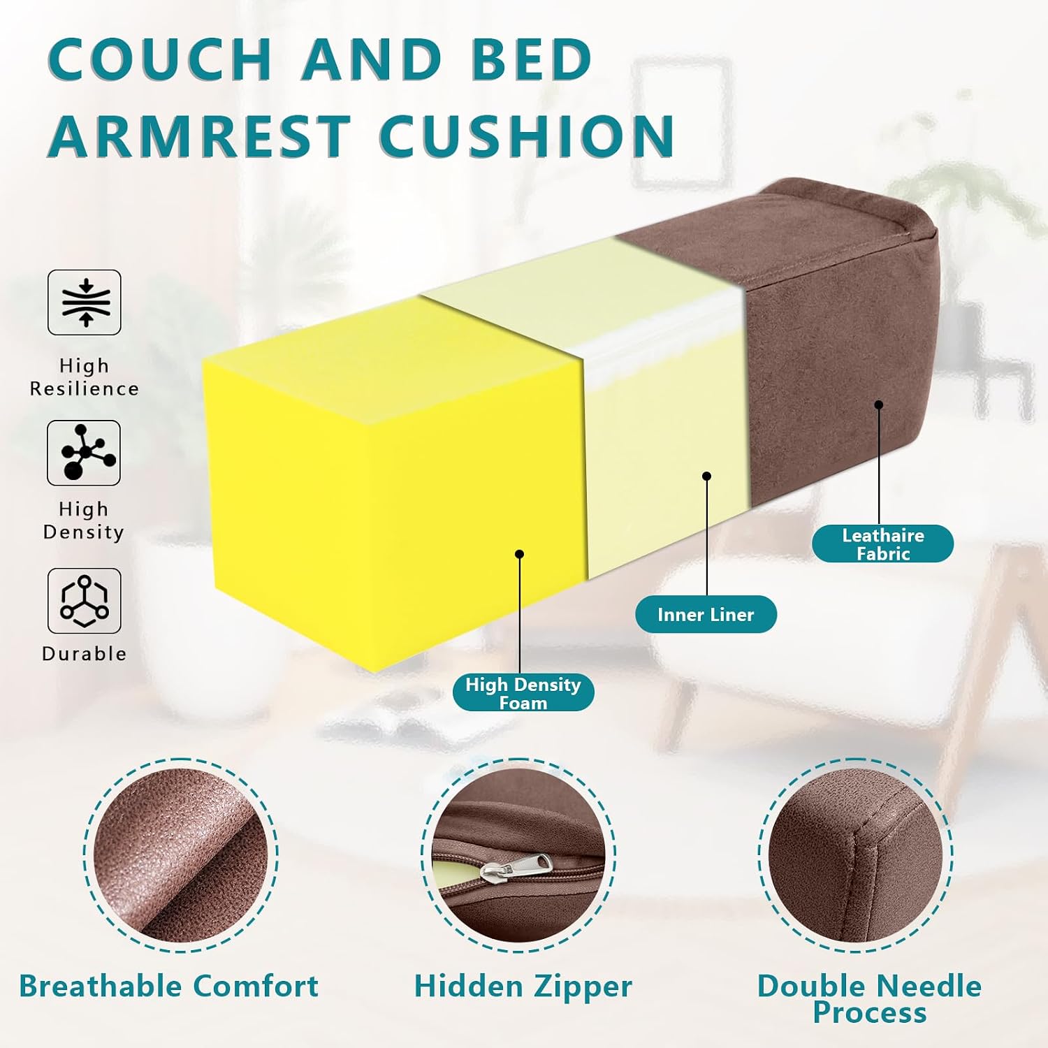 MMuteTouch 2 Pack Couch Arm Rest Pillow, 6''x6''x20'' Faux Leather Waterproof Cover, High Density Foam Armrest Cushion, Removable & Washabl…
