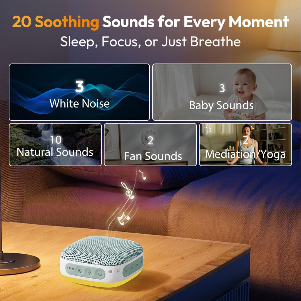 Portable Sound Machine for Travel, White Noise Sound Machine for Sleeping with Night Light, 20 Quality Non-looping Sounds, Headphone…