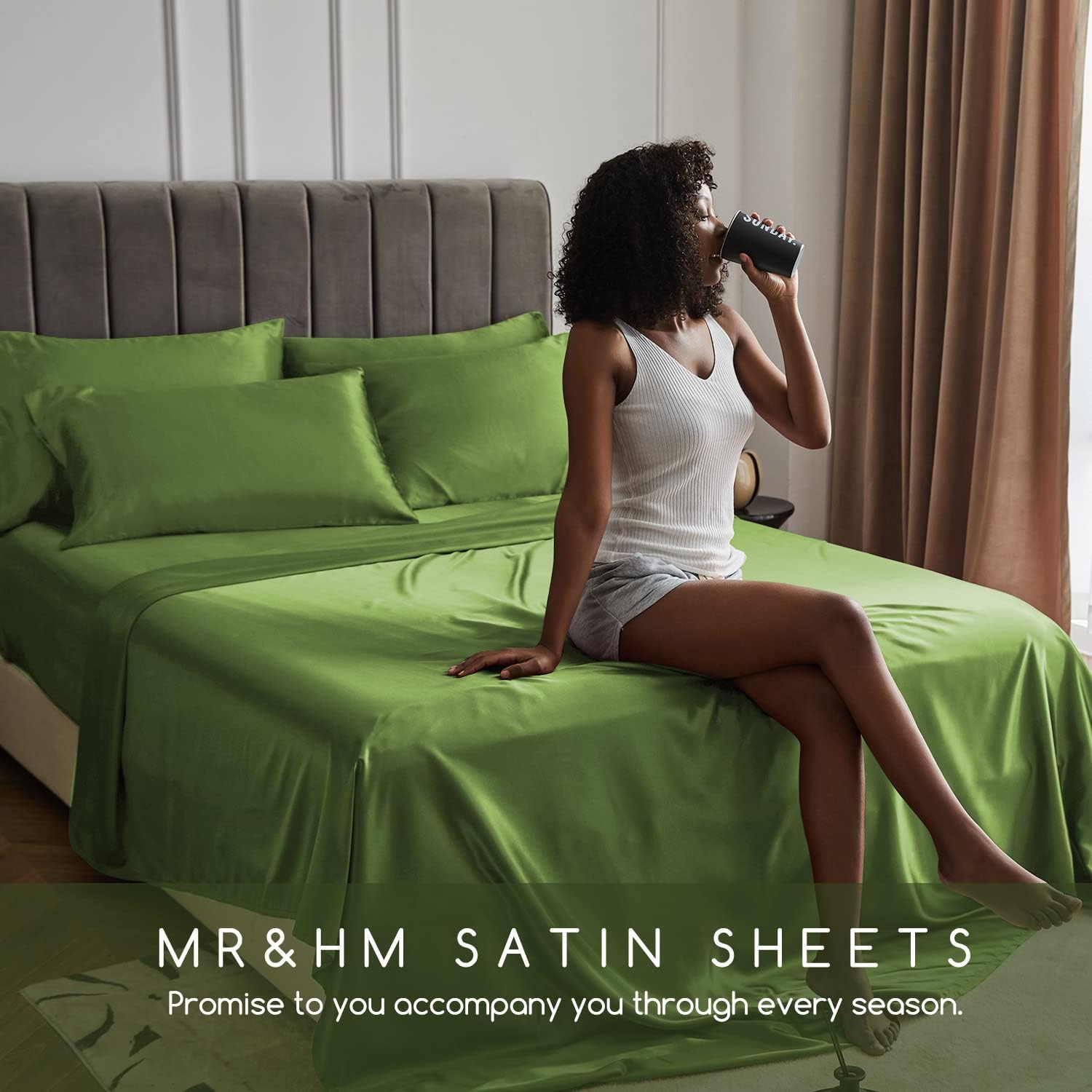 MR&HM Satin Bed Sheets, Twin Size Sheets Set, 3 Pcs Silky Bedding Set with 15 Inches Deep Pocket for Mattress(Twin, Sage) 3 Pcs 15 Inc…